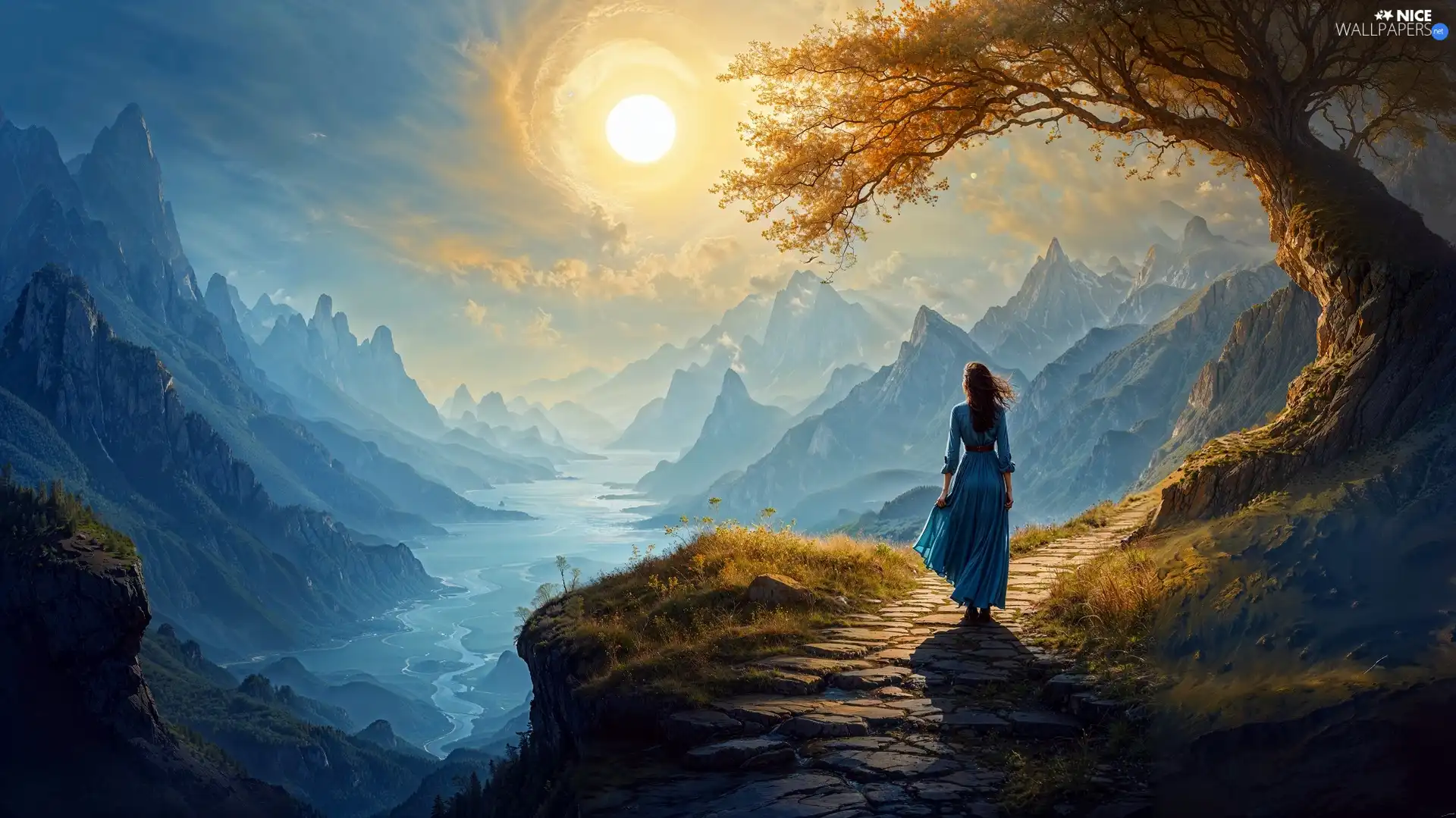 trees, Women, Mountains, sun, River, Path