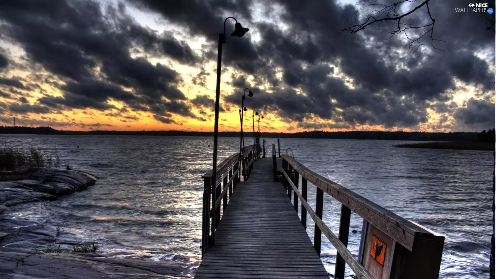 dark, sea, west, sun, clouds, pier