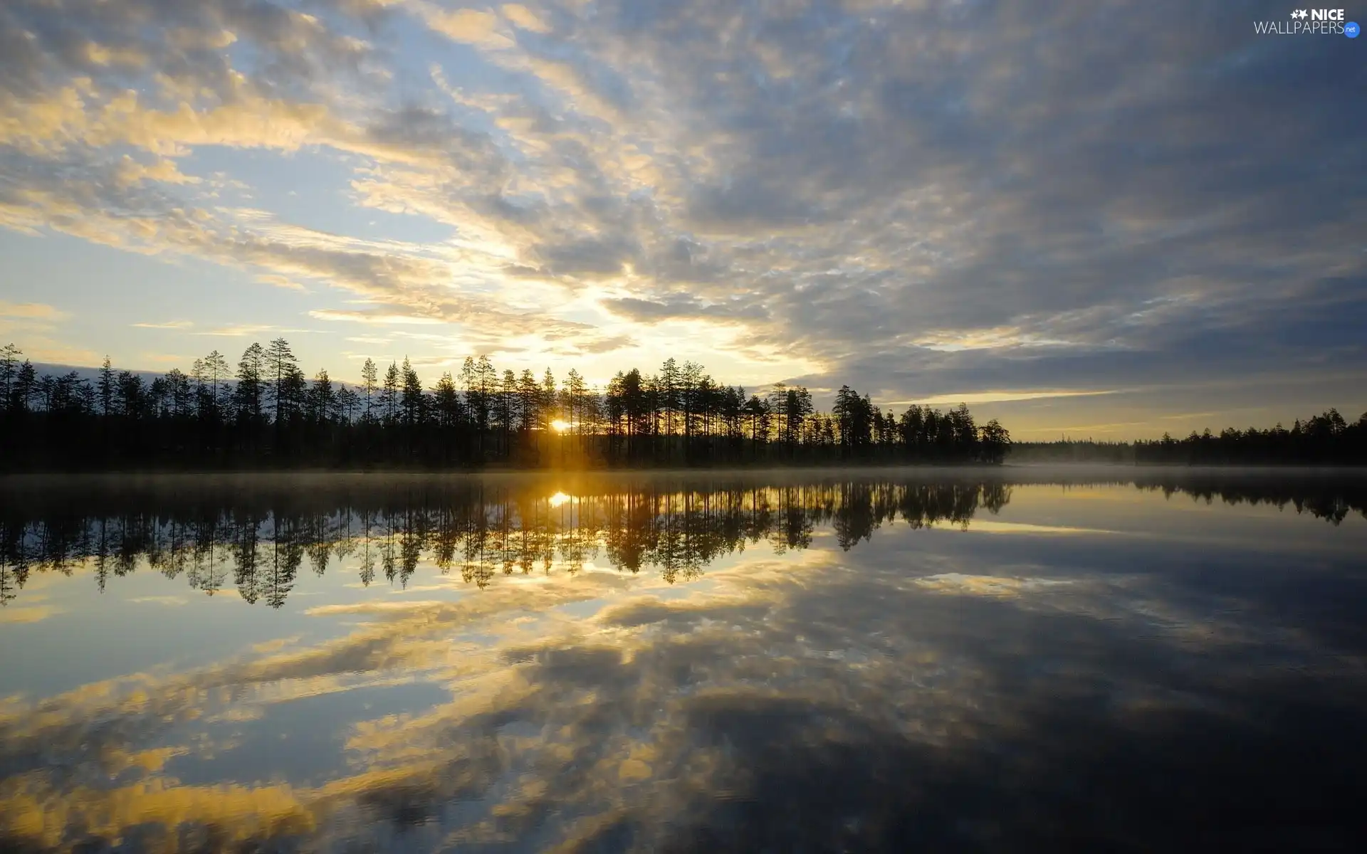viewes, lake, sun, reflection, east, trees