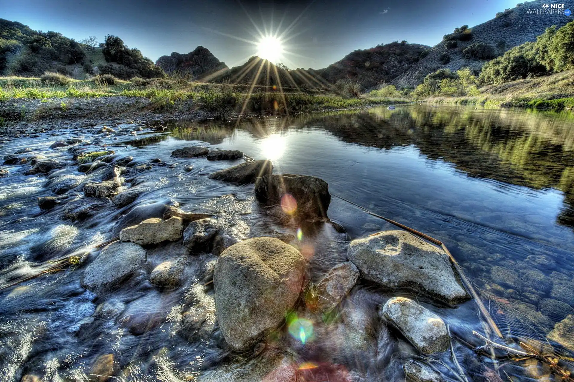 River, east, sun, Stones