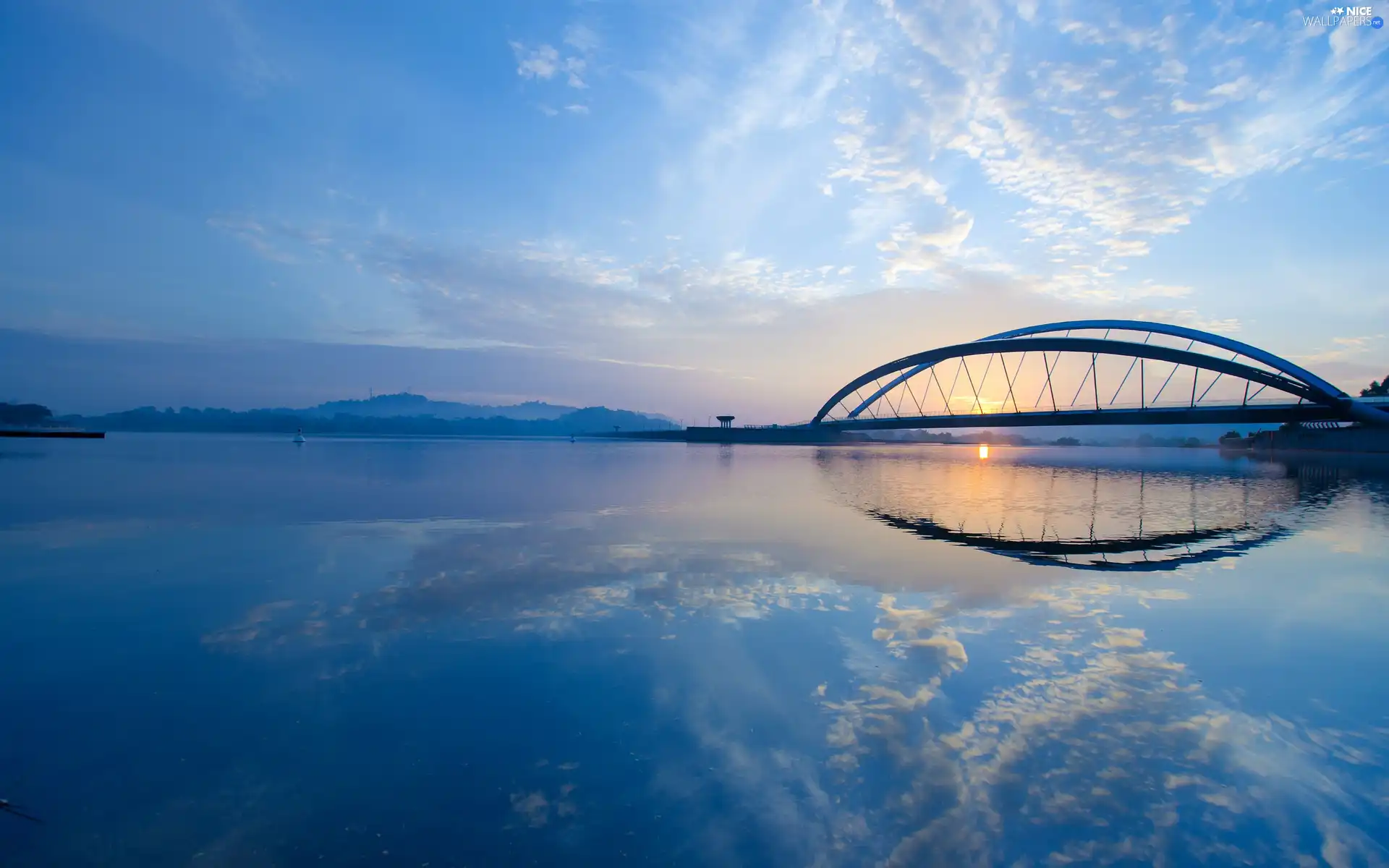 River, west, sun, bridge