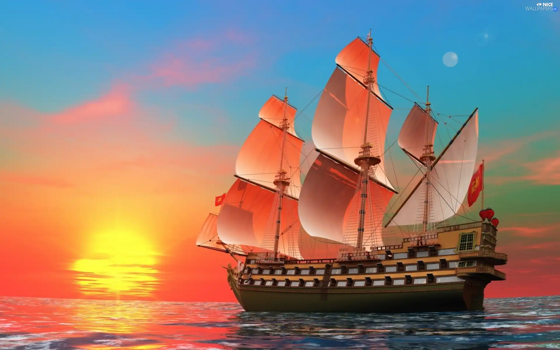 sea, west, sun, sailing vessel