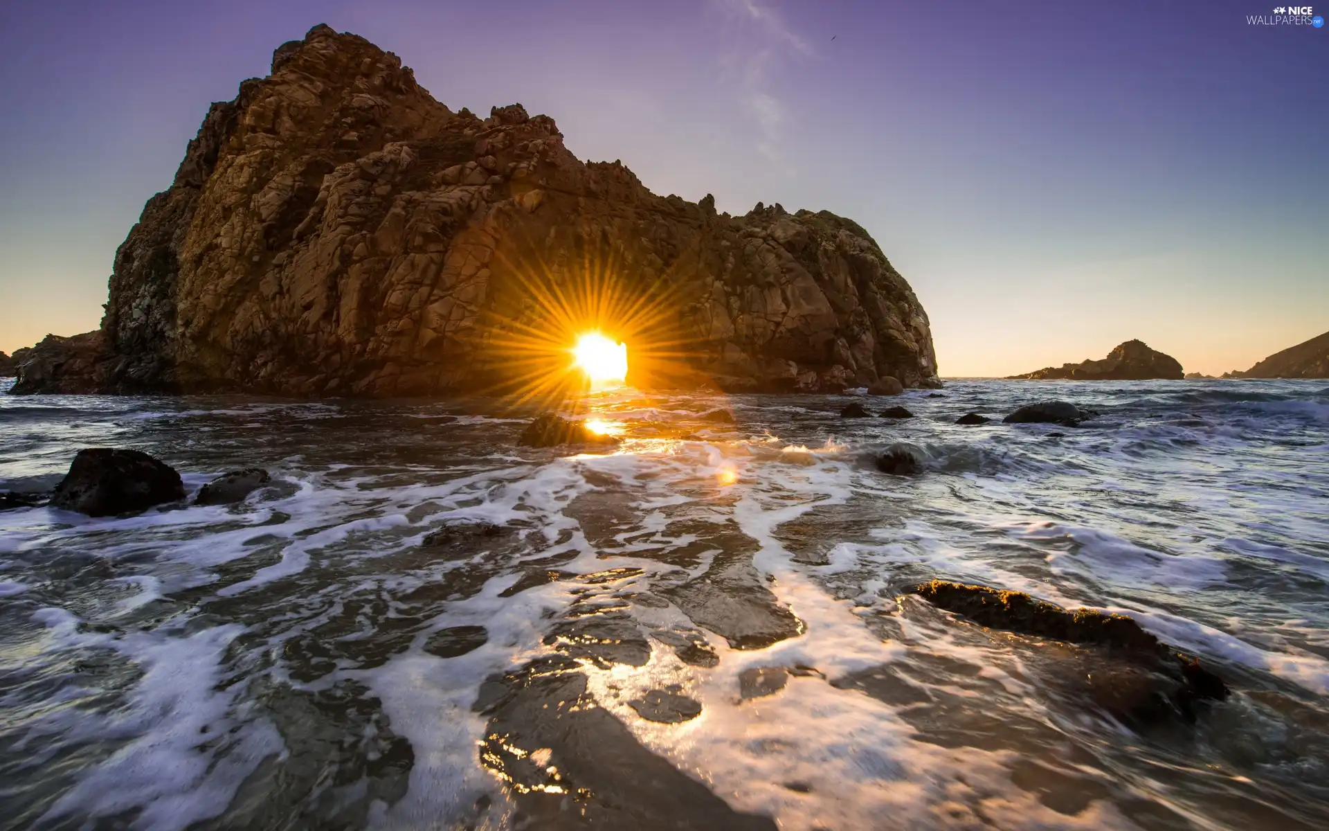 sea, rays, sun, rocks