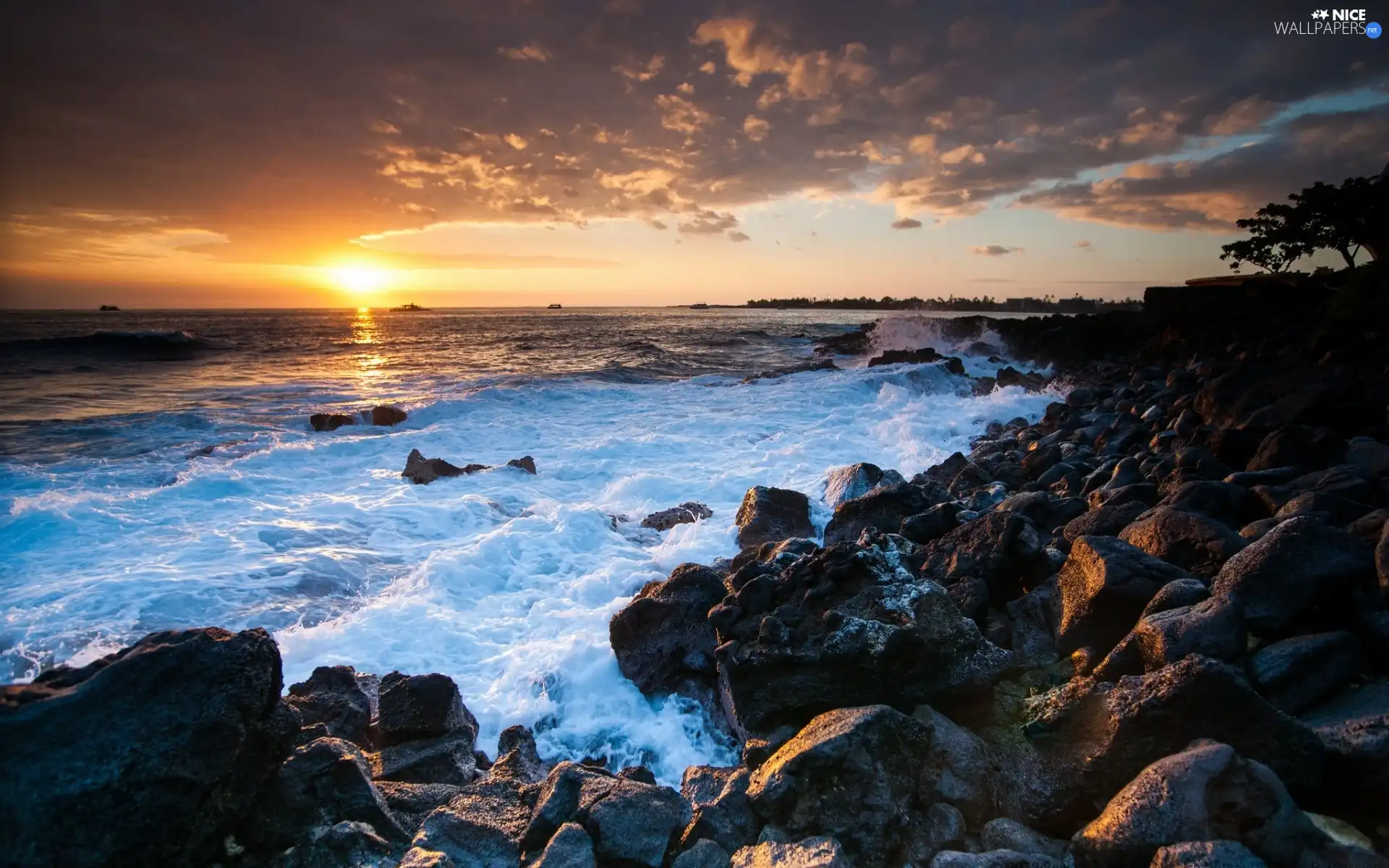 sea, west, sun, Stones