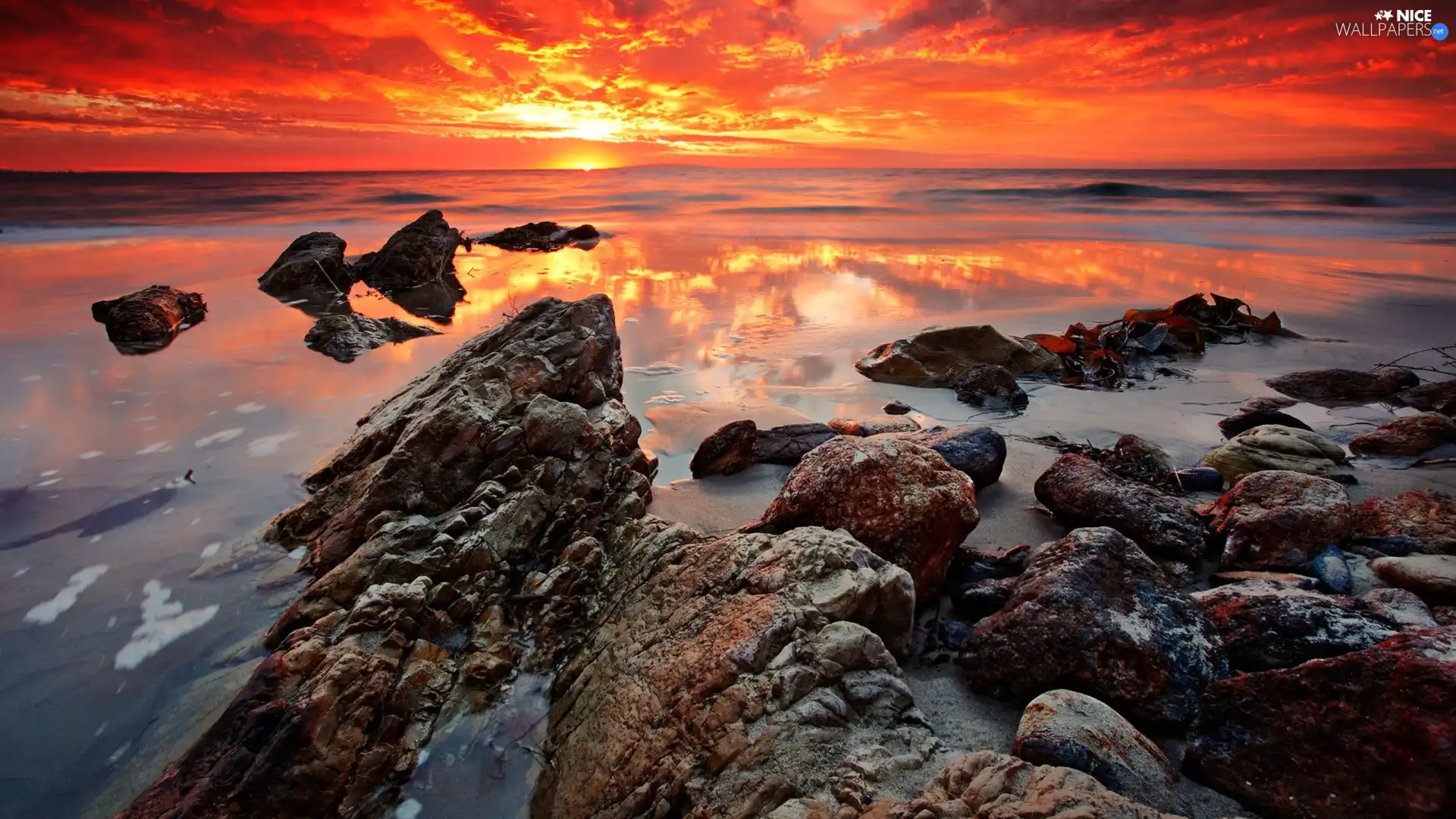 sea, west, sun, Stones