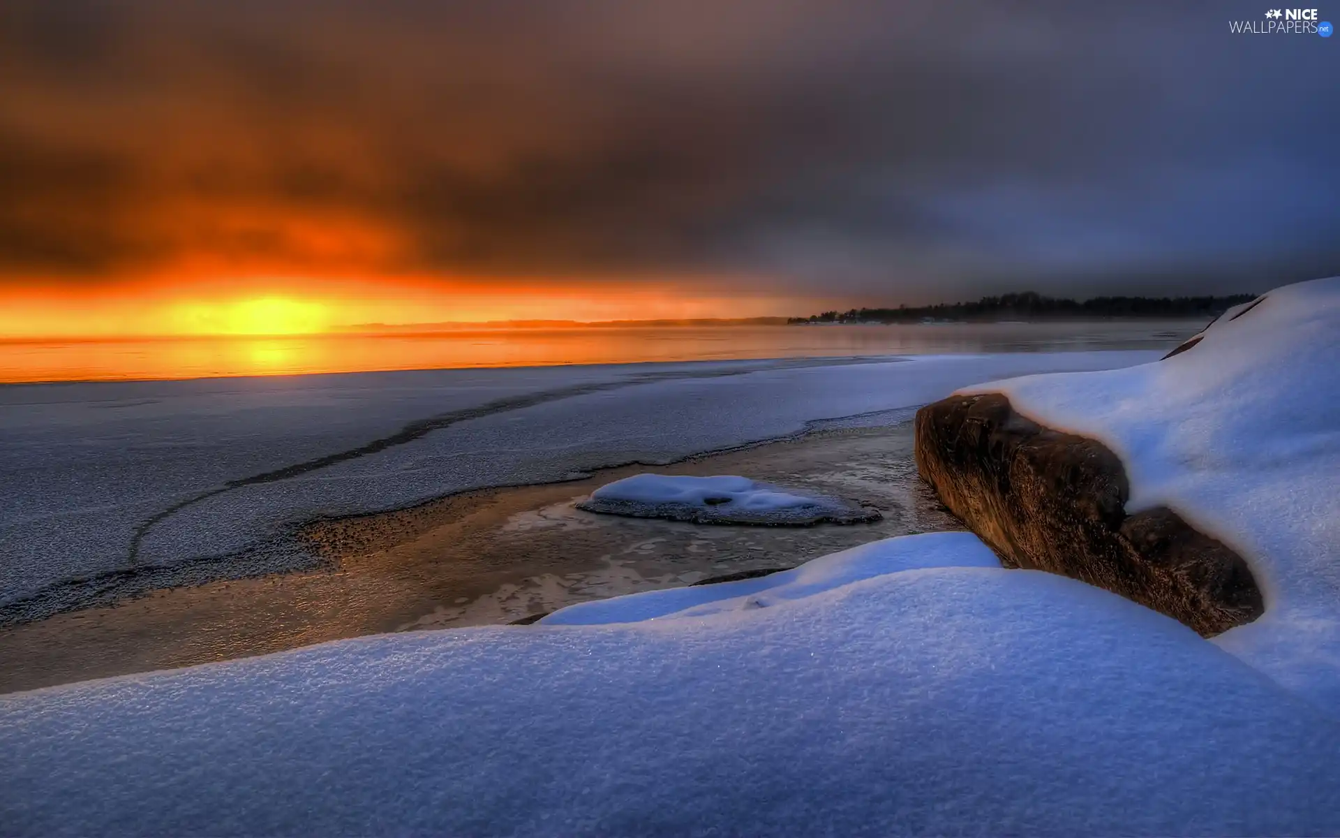 sun, snow, clouds, west, lake