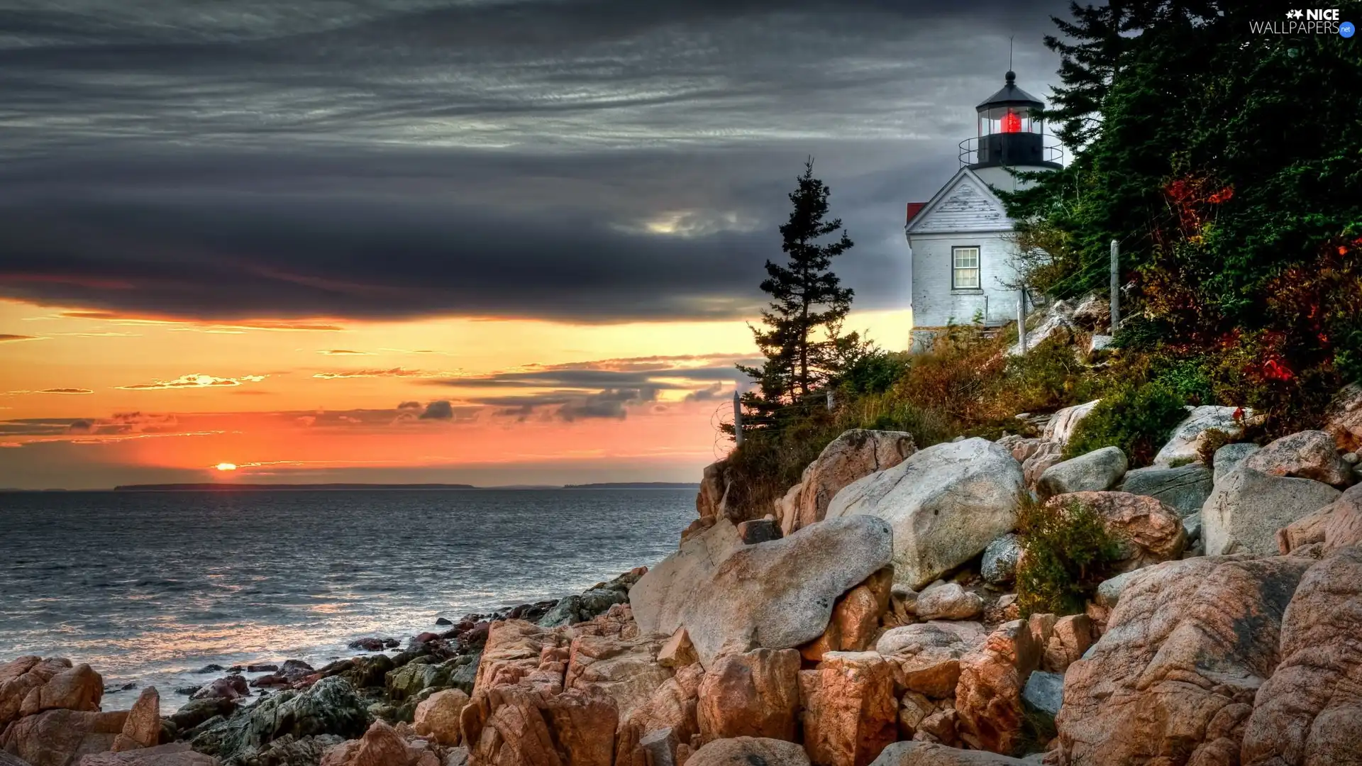 sun, Stones, maritime, west, Lighthouse