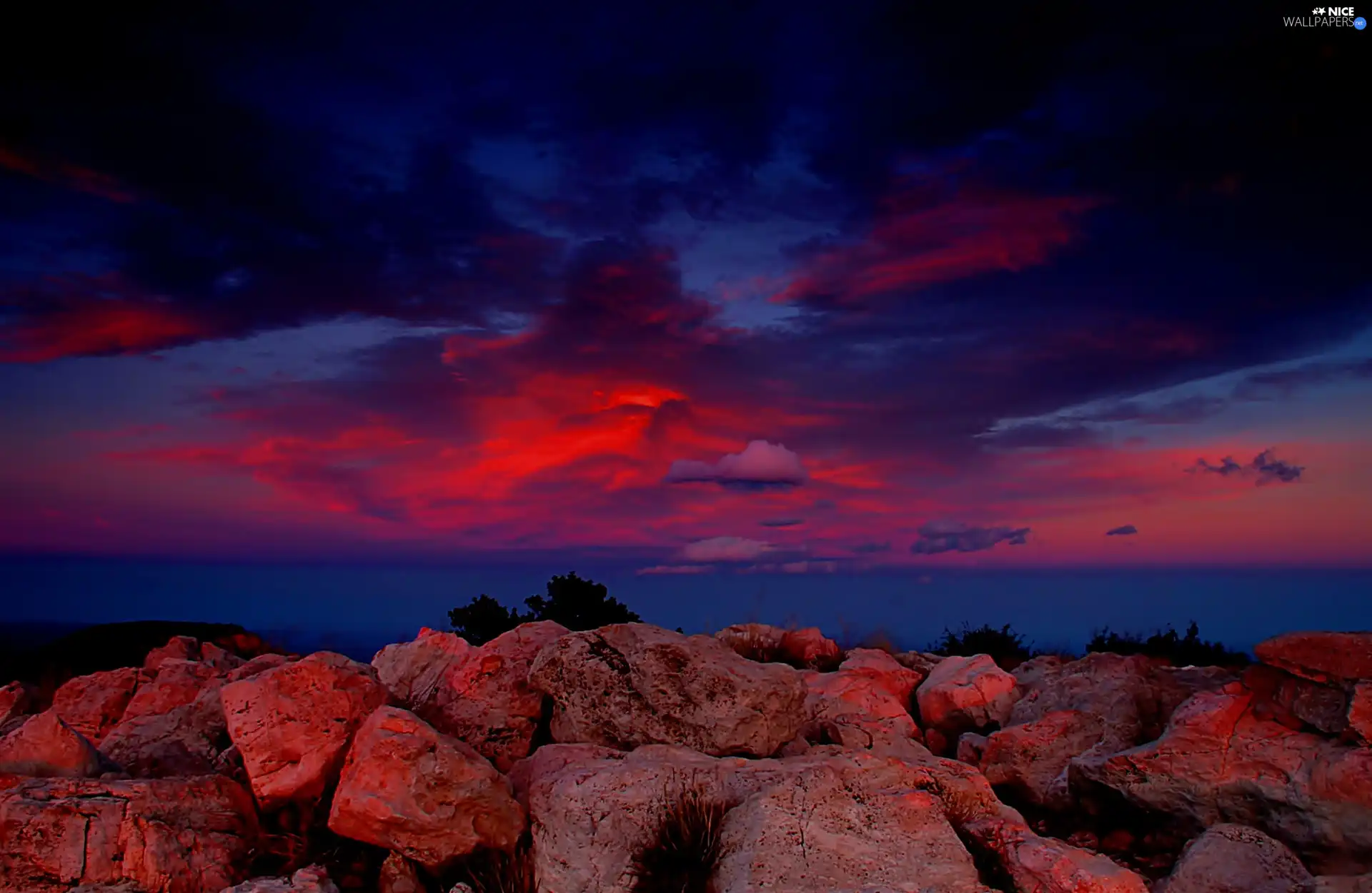 Stones, west, sun, clouds