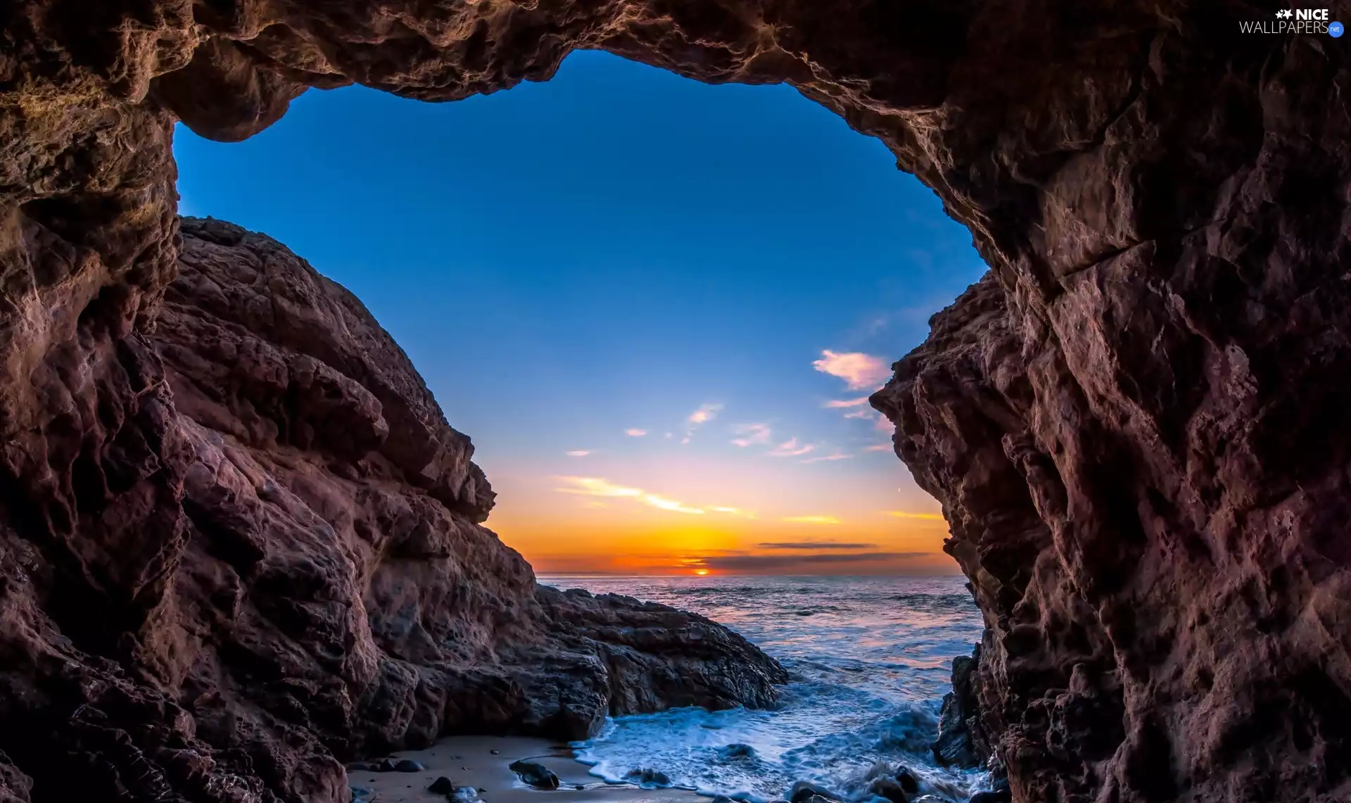 Coast, ocean, USA, west, Malibu, rocks, cave, sun