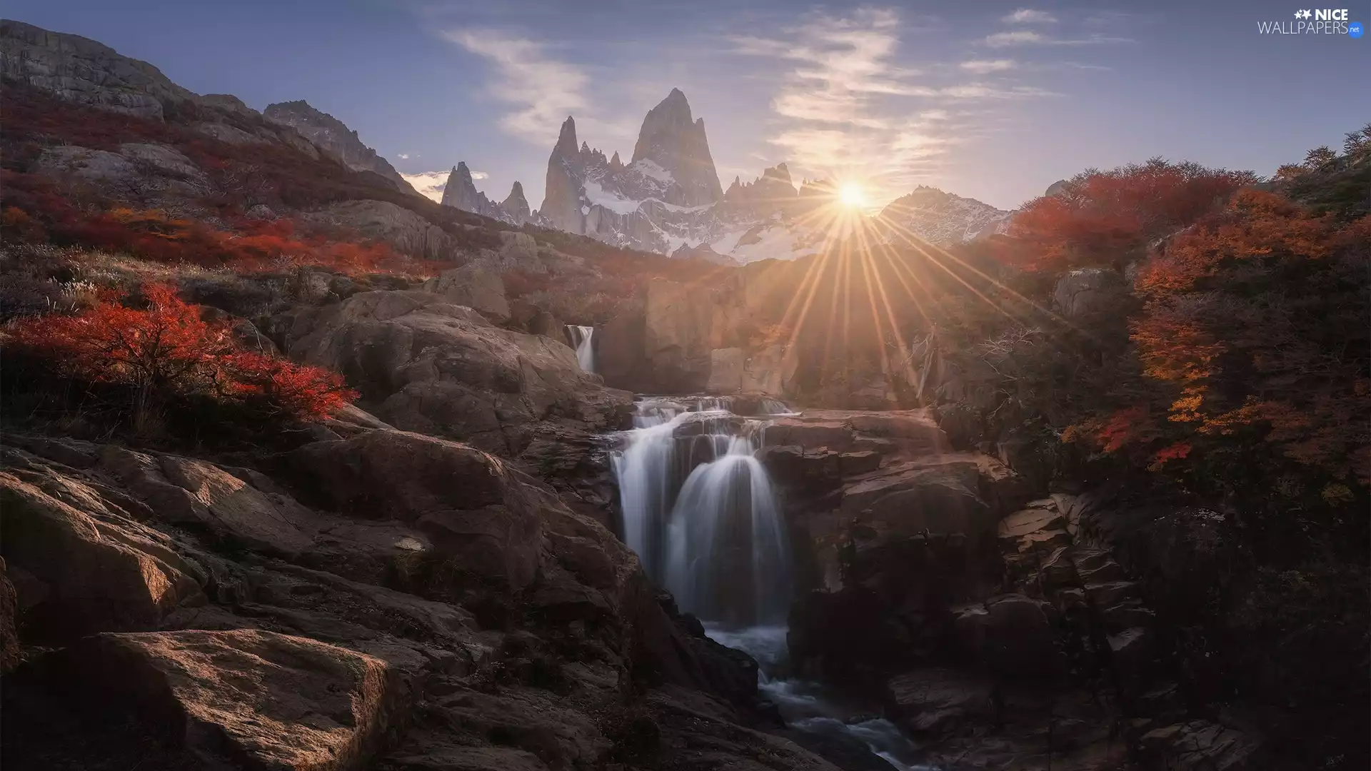 cascade, Patagonia, Fitz Roy, VEGETATION, rays of the Sun, Argentina, mountains, rocks, autumn, River