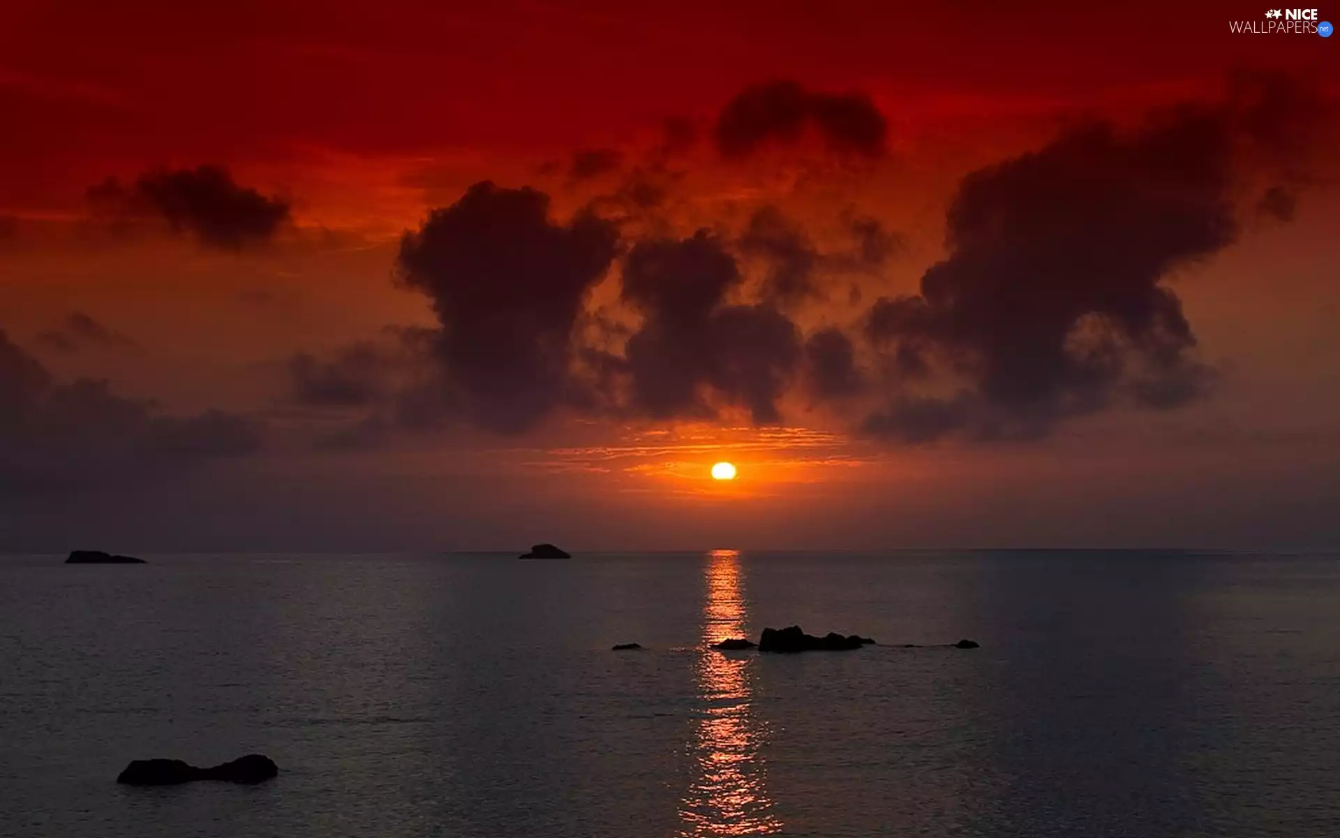 west, sea, clouds, sun