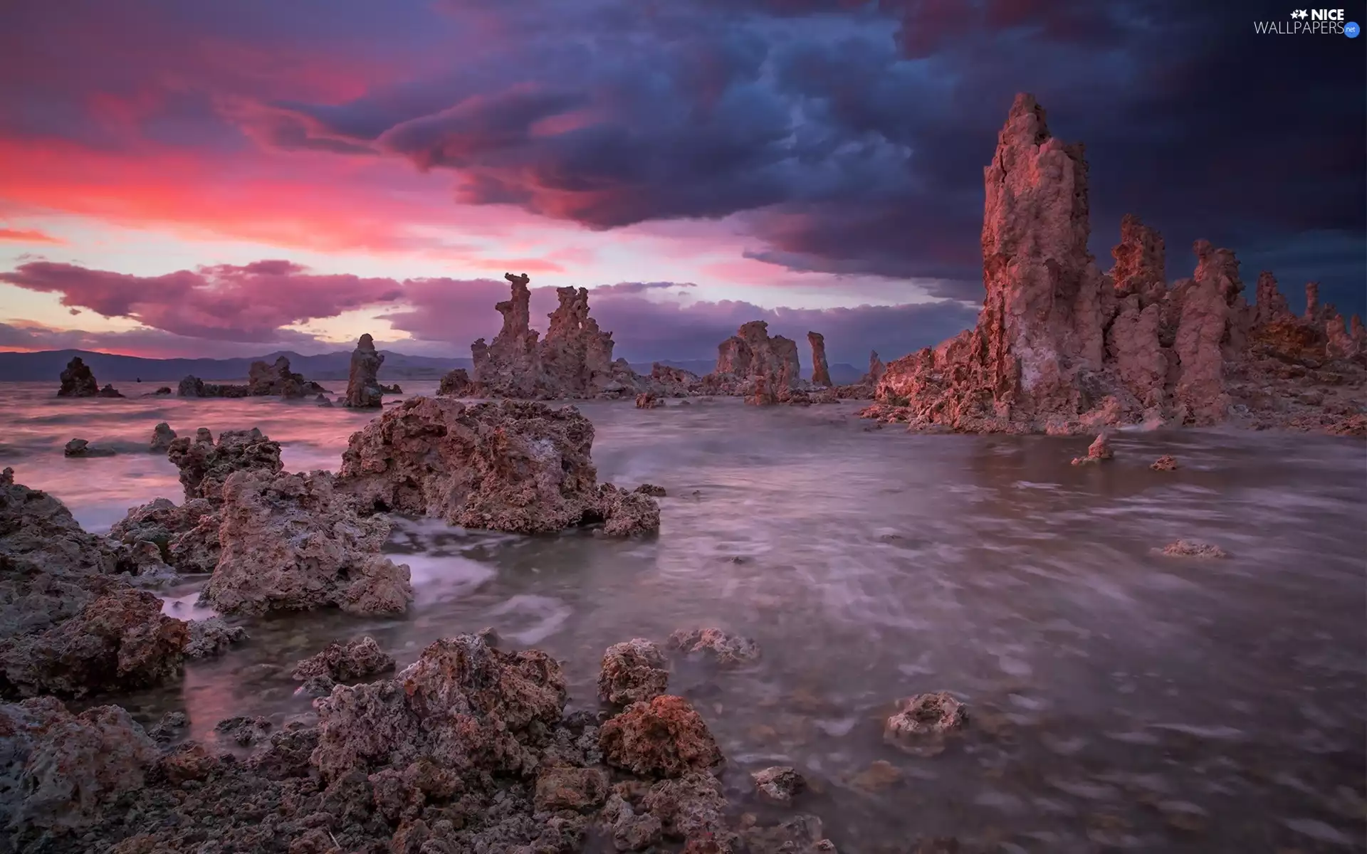 west, lake, rocks, sun