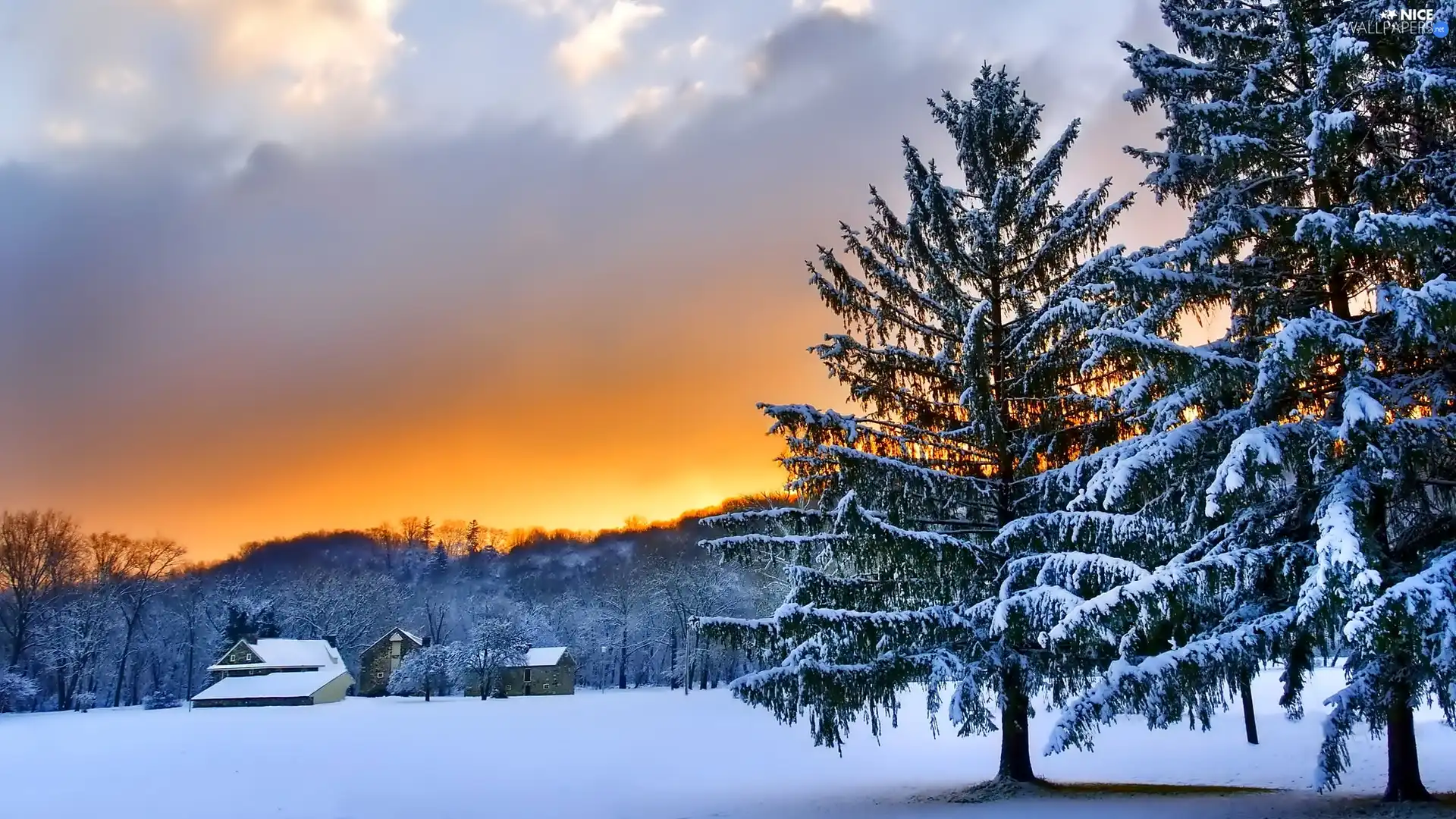 buildings, Mountains, sun, winter, west, woods