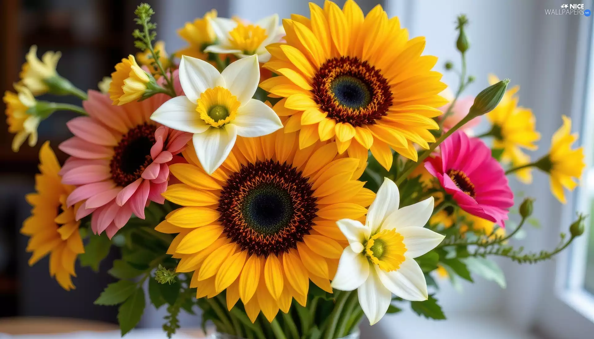 Bouquet of Flowers, narcissus, red weed, Nice sunflowers