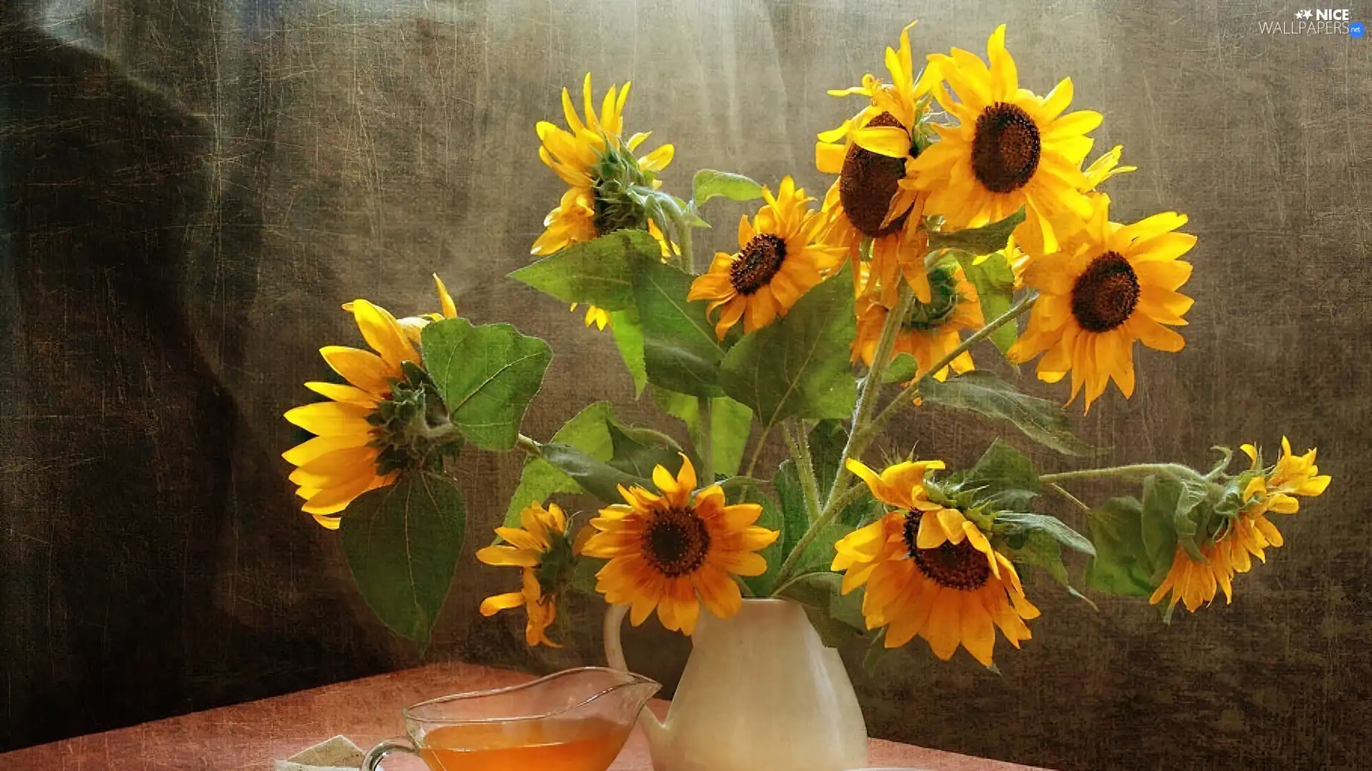 White, bouquet, sunflowers, bowl