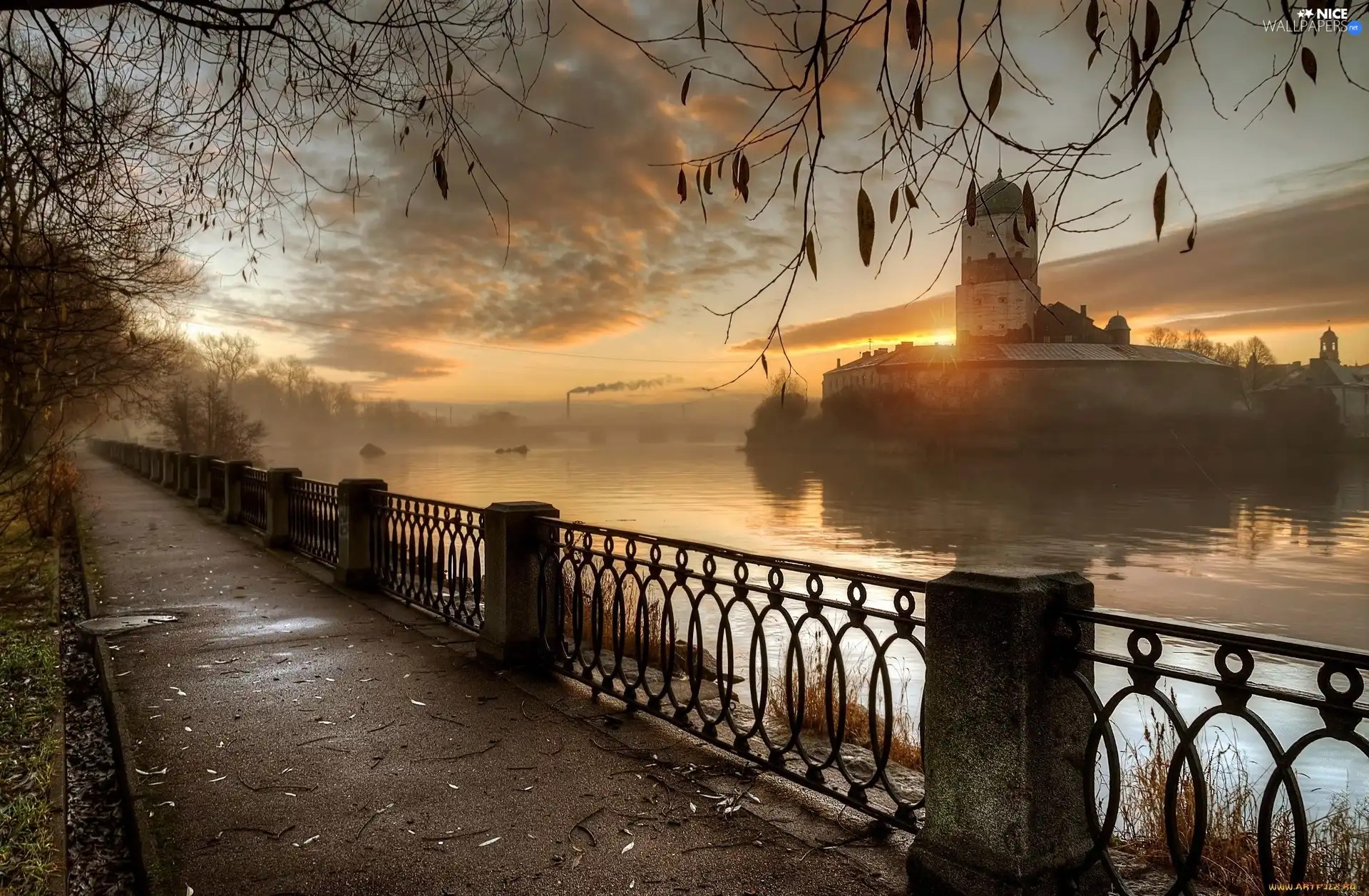 Fog, boulevard, Sunrise, autumn, Buldings, River