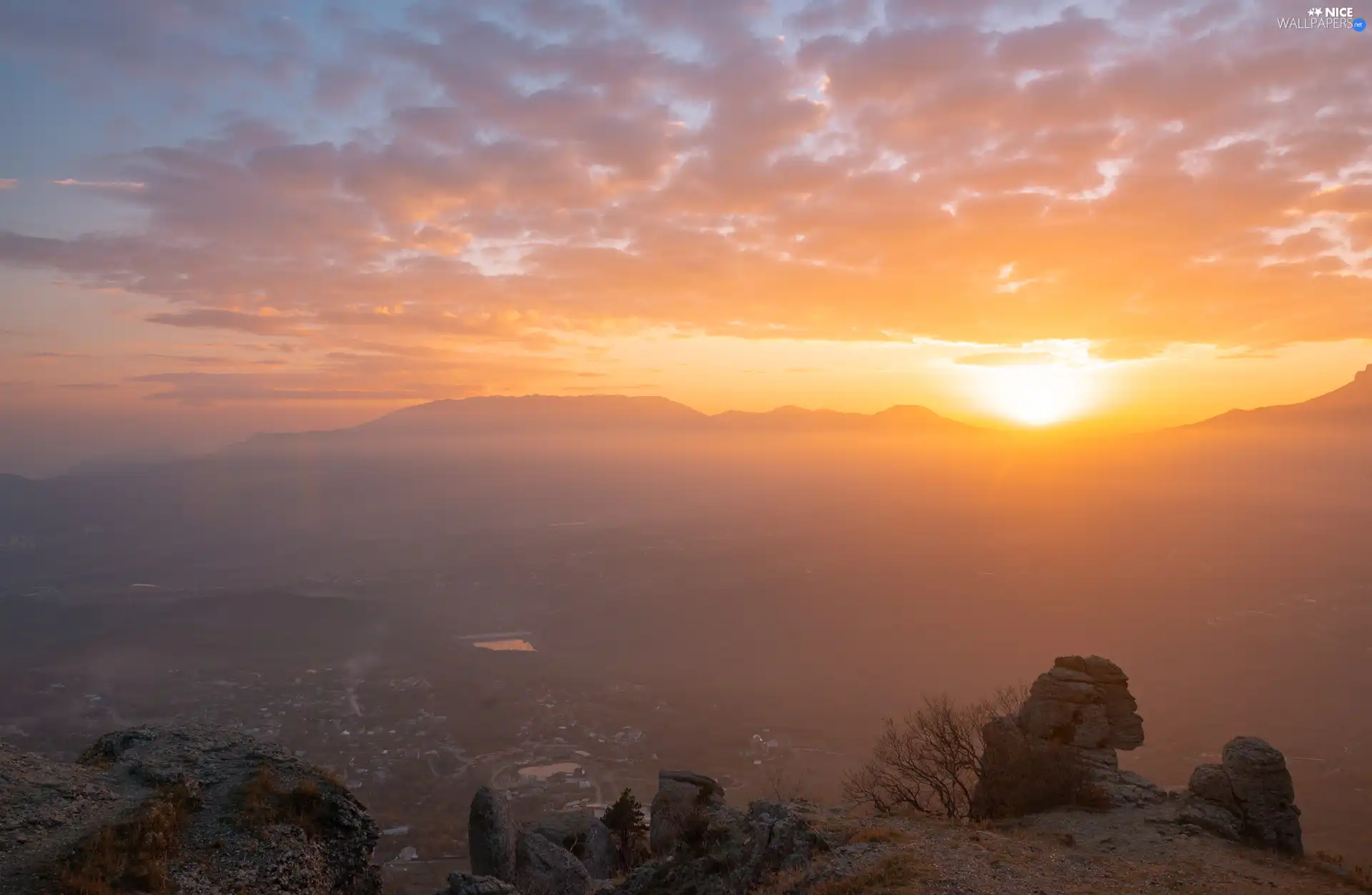 Mountains, rocks, clouds, Sunrise, Fog, The Hills
