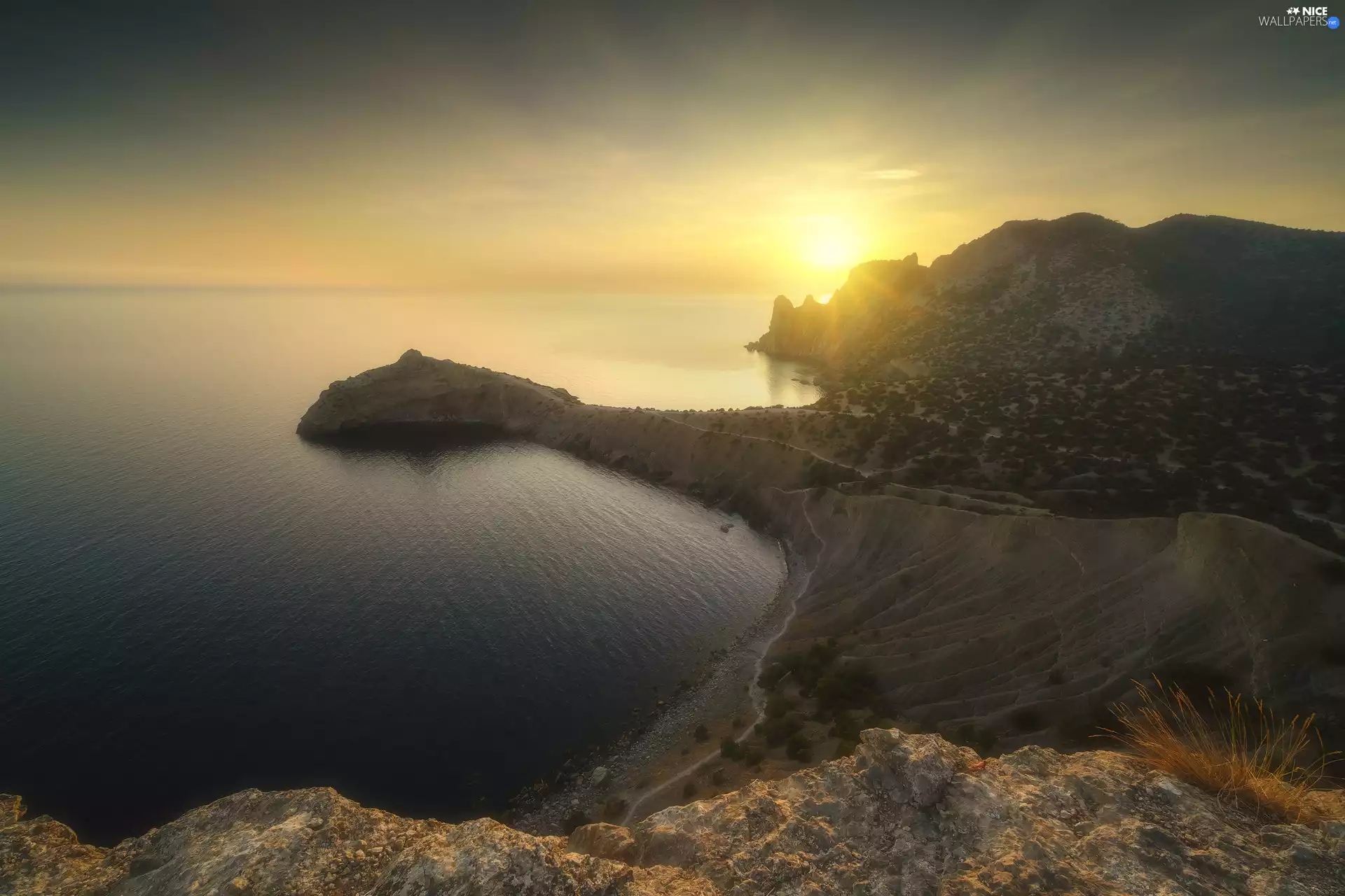 rocks, Sunrise, Coast, peninsula, sea