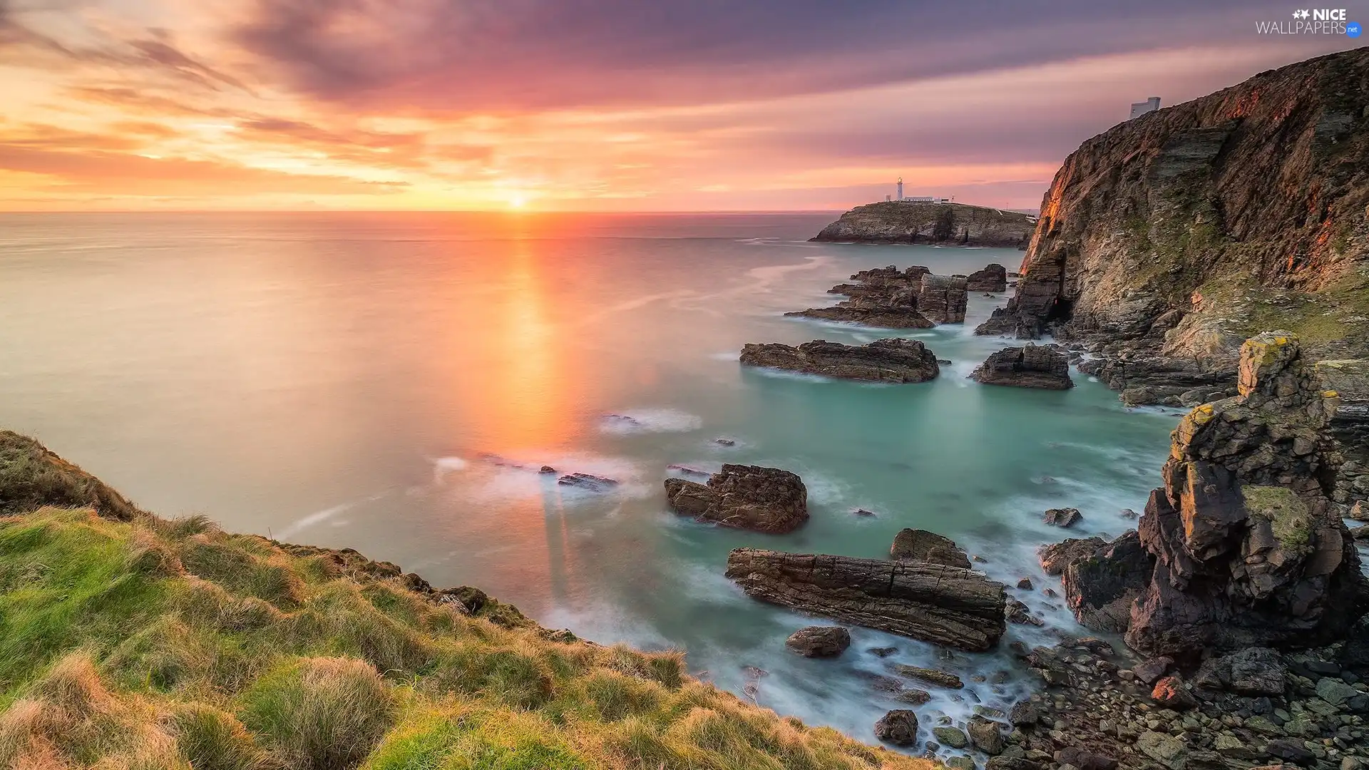 Lighthouses, Sunrise, Coast, rocks, sea