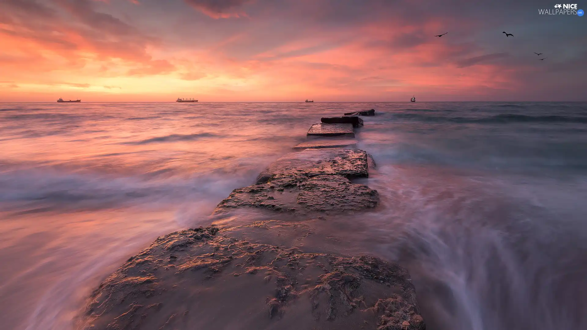 vessels, Sunrise, concrete, plates, sea