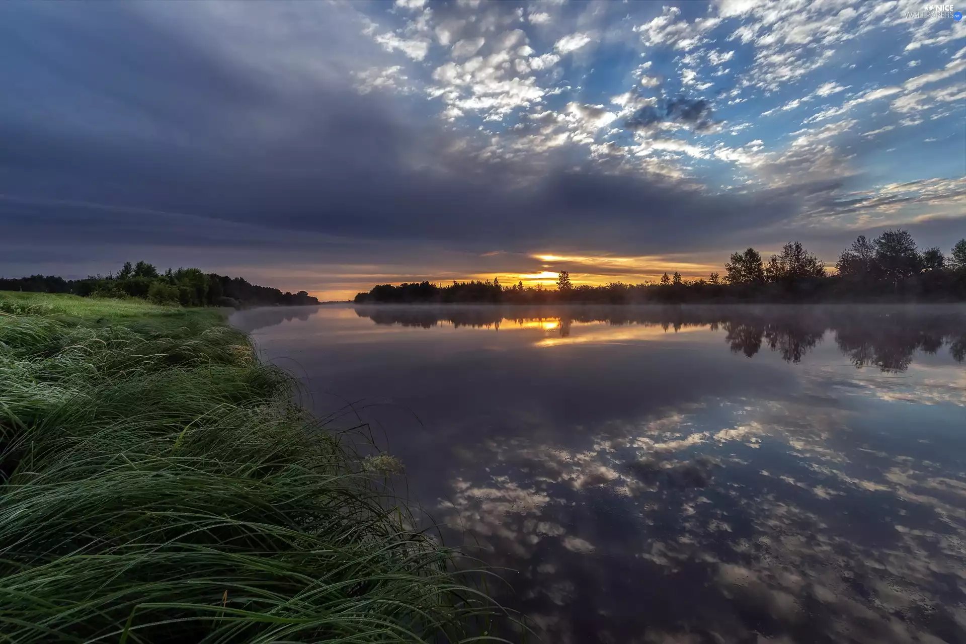 morning, Sunrise, grass, cloudy, River