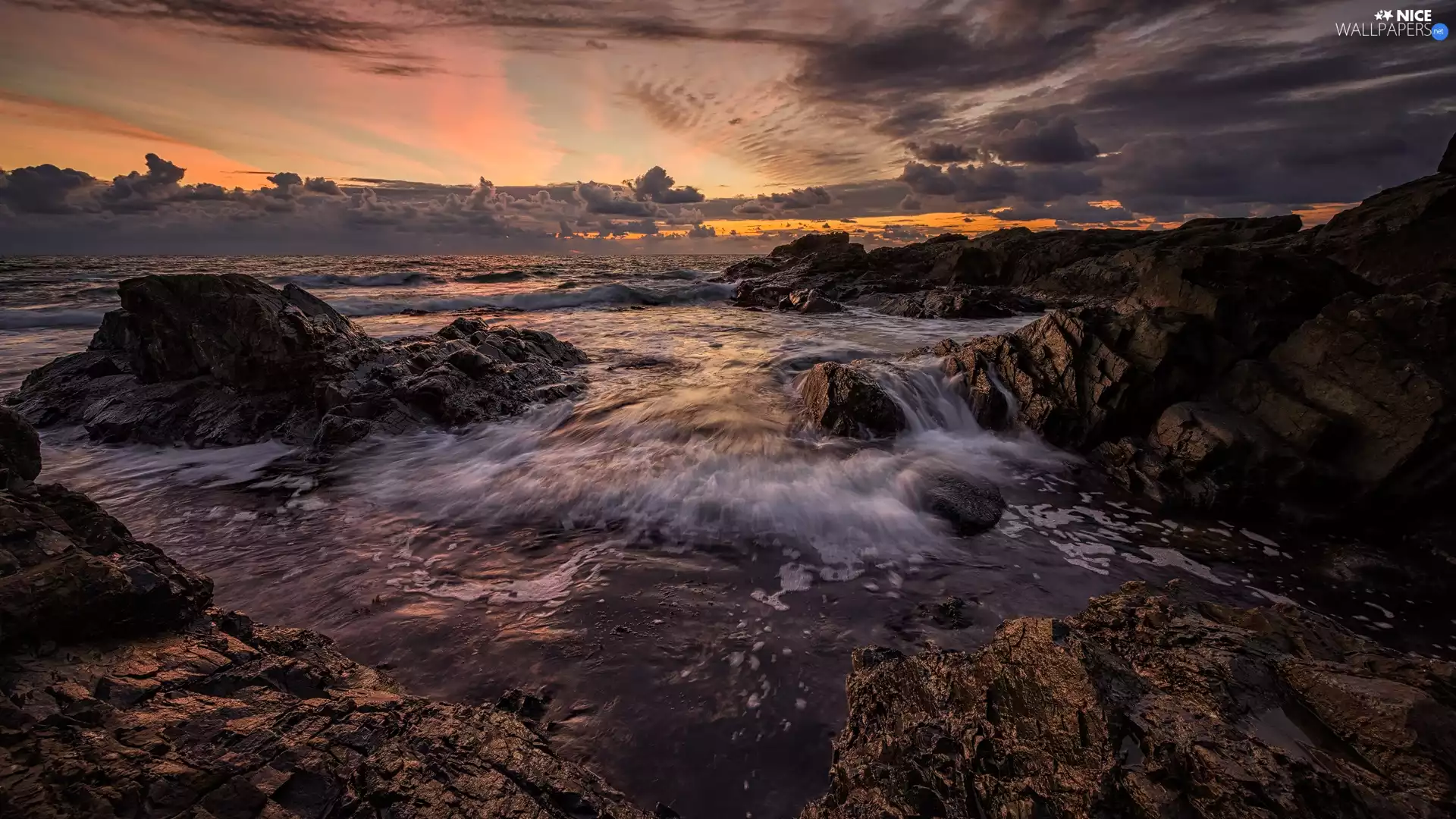 morning, sea, rocks, Sunrise