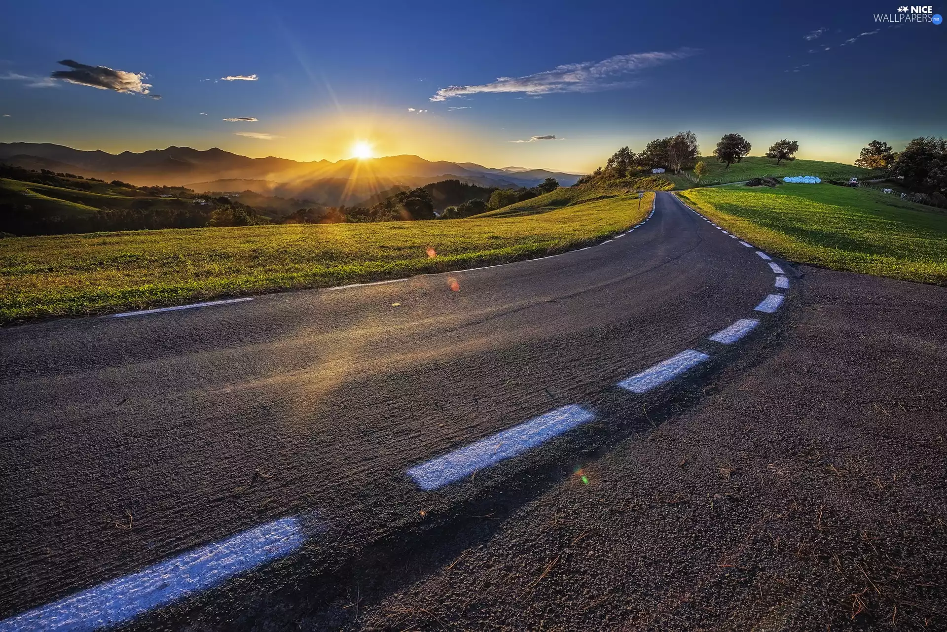 field, Way, morning, Sunrise, The Hills, medows