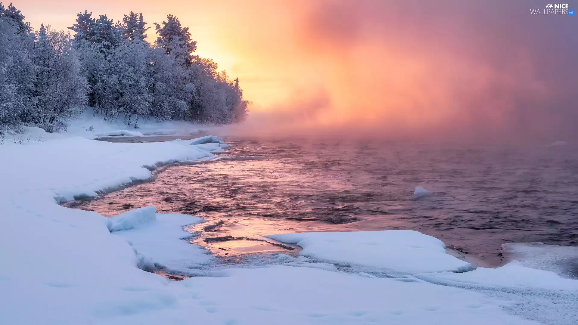 Fog, winter, viewes, Sunrise, trees, River