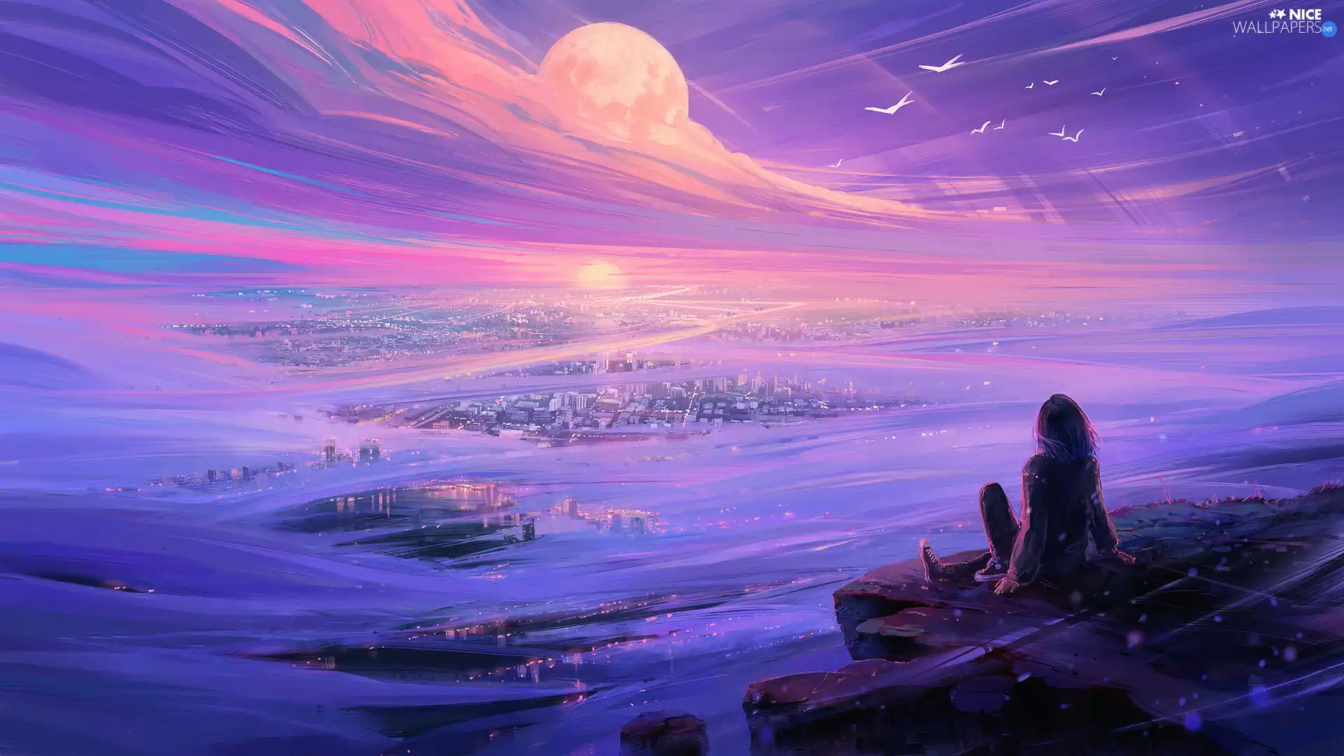 girl, graphics, Sky, Sunrise, Town, Rocks