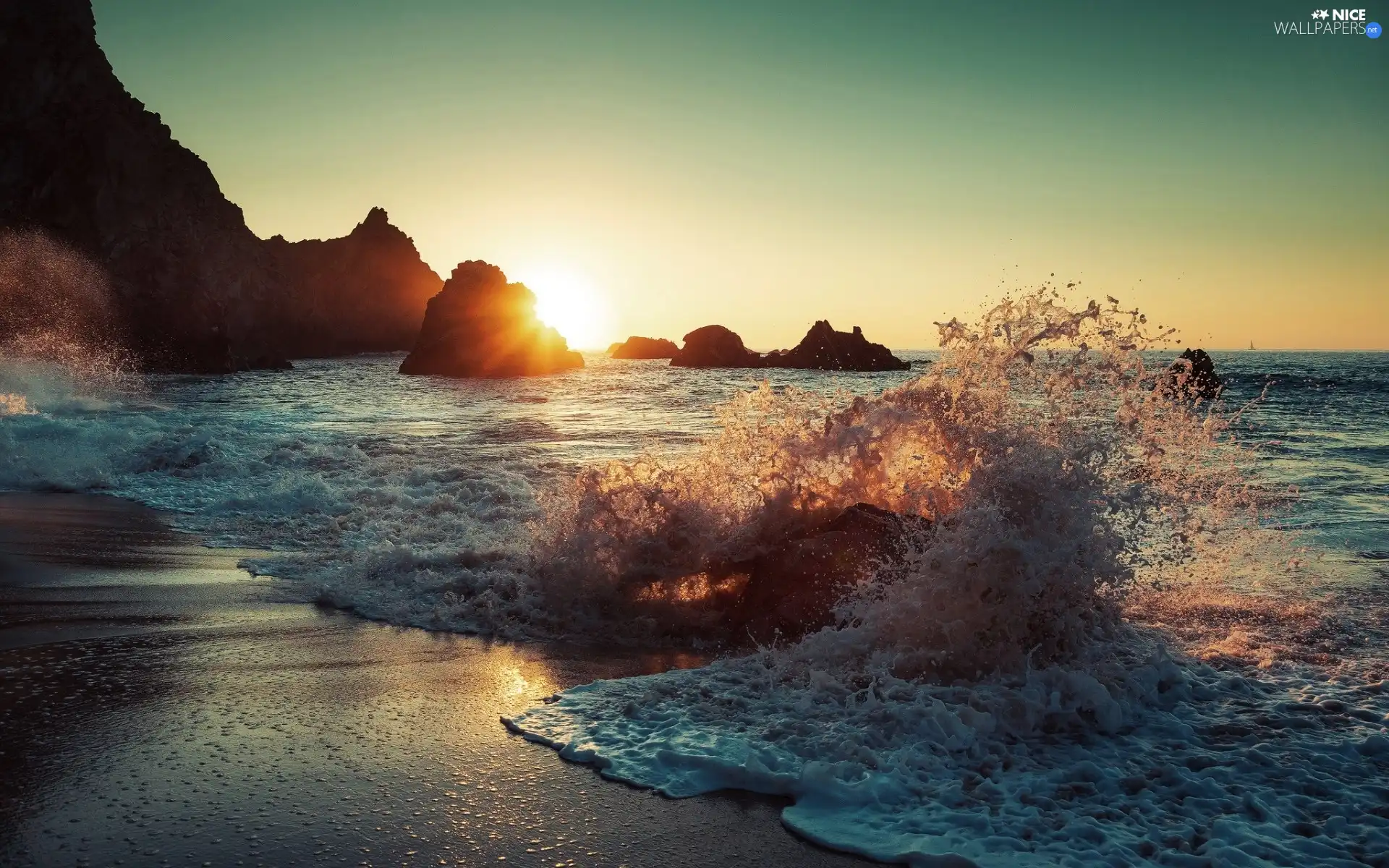 sea, rocks, Sunrise, Waves