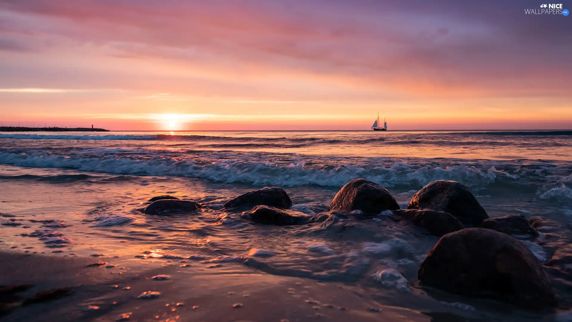 sea, Stones, Yacht, Sunrise