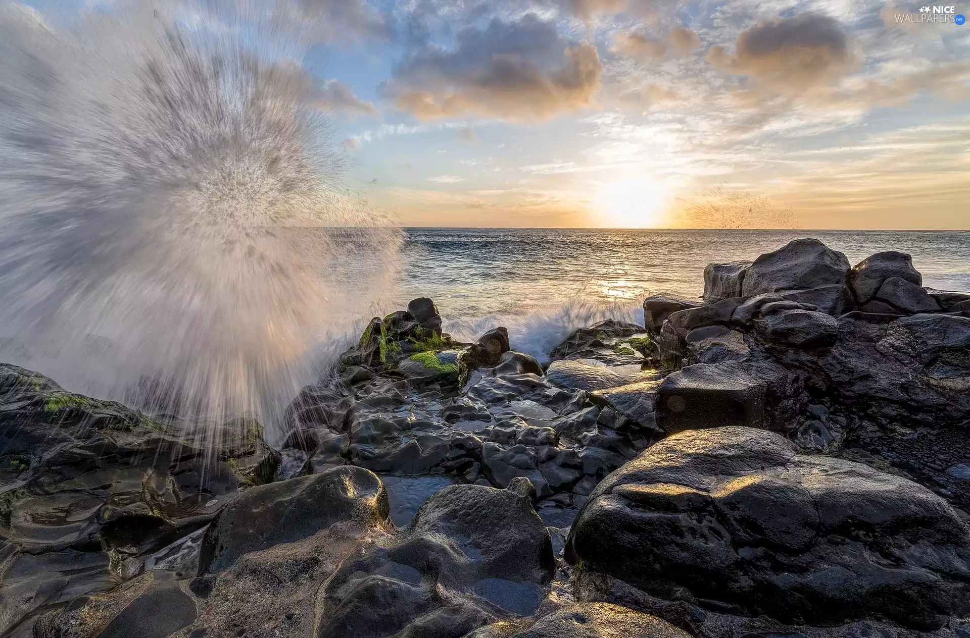 Waves, Sunrise, Stones, Splashing, sea
