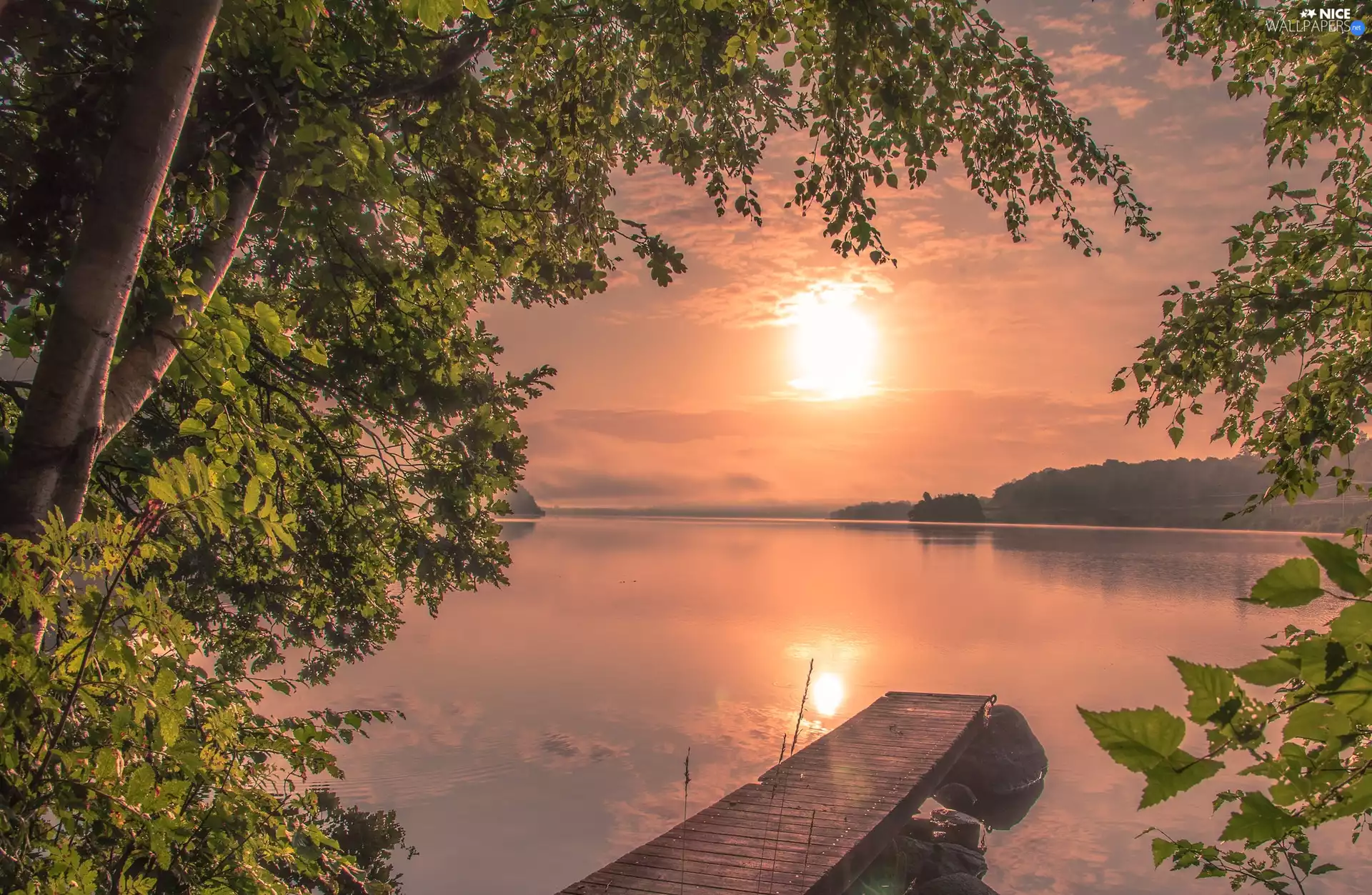 Platform, Sunrise, trees, viewes, lake