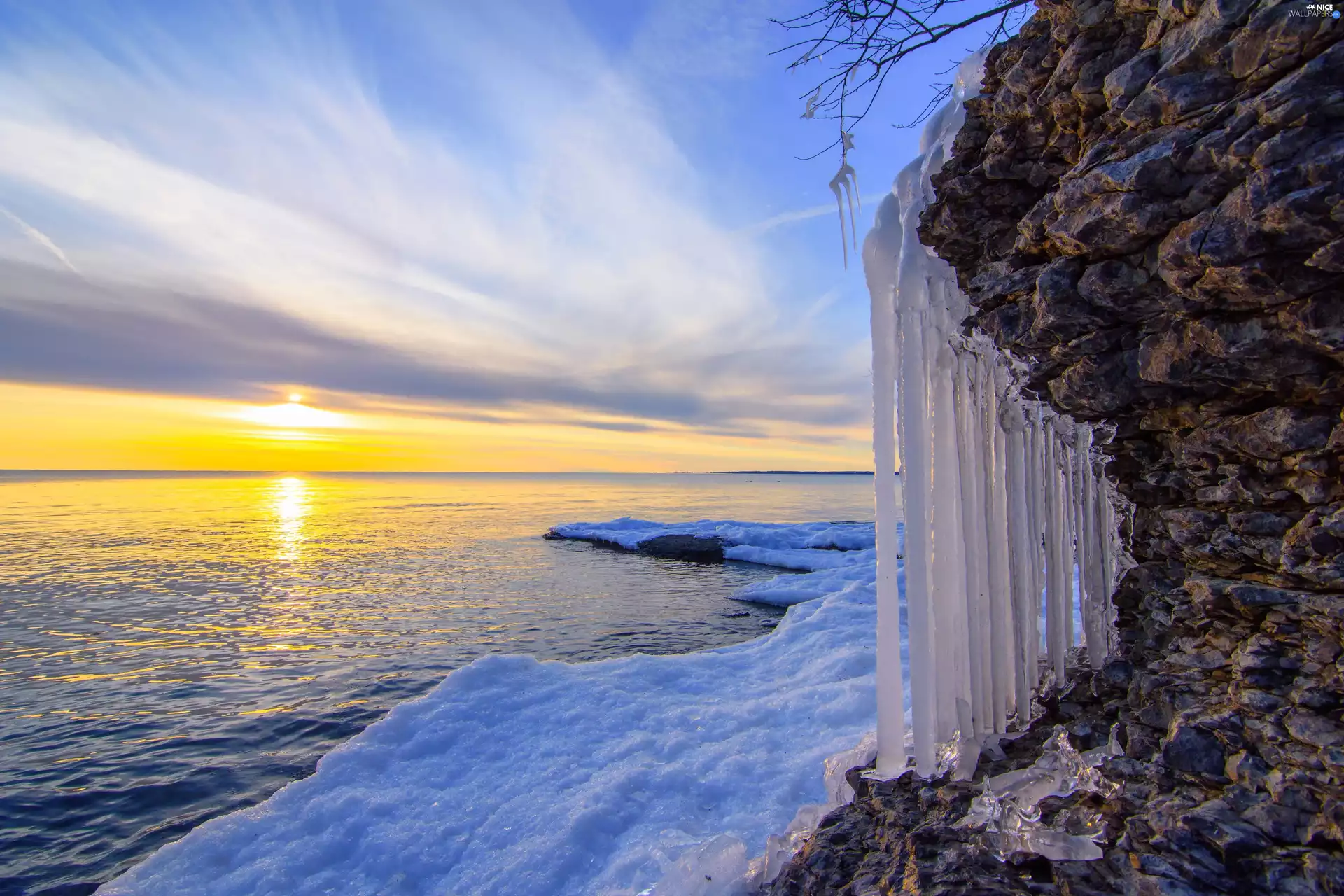 Icecream, sea, Rocks, Sunrise, icicle, winter