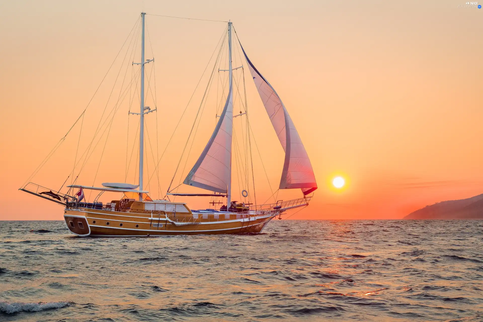 Sunrise, sea, Yacht