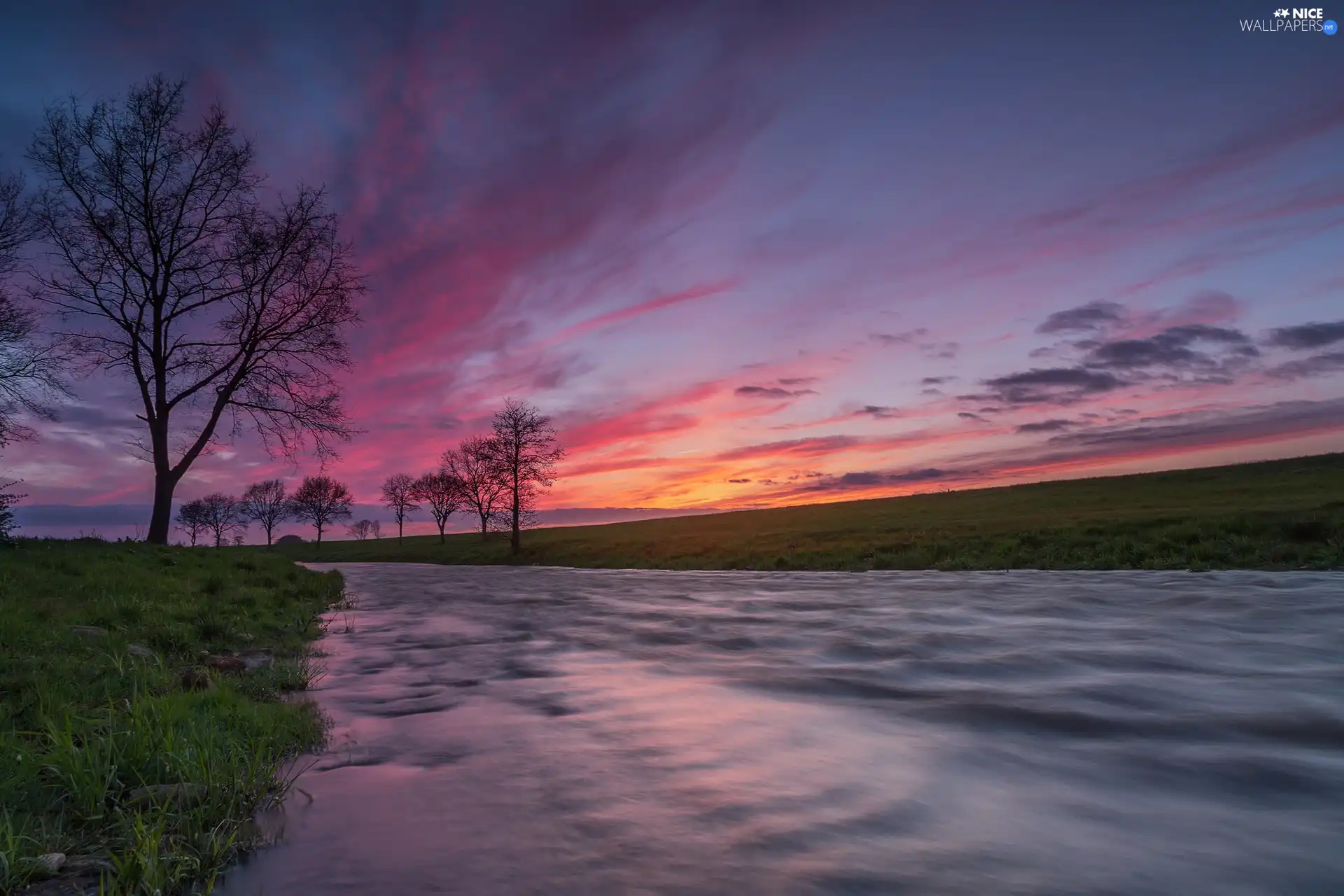 Meadow, trees, clouds, viewes, River, grass, Great Sunsets