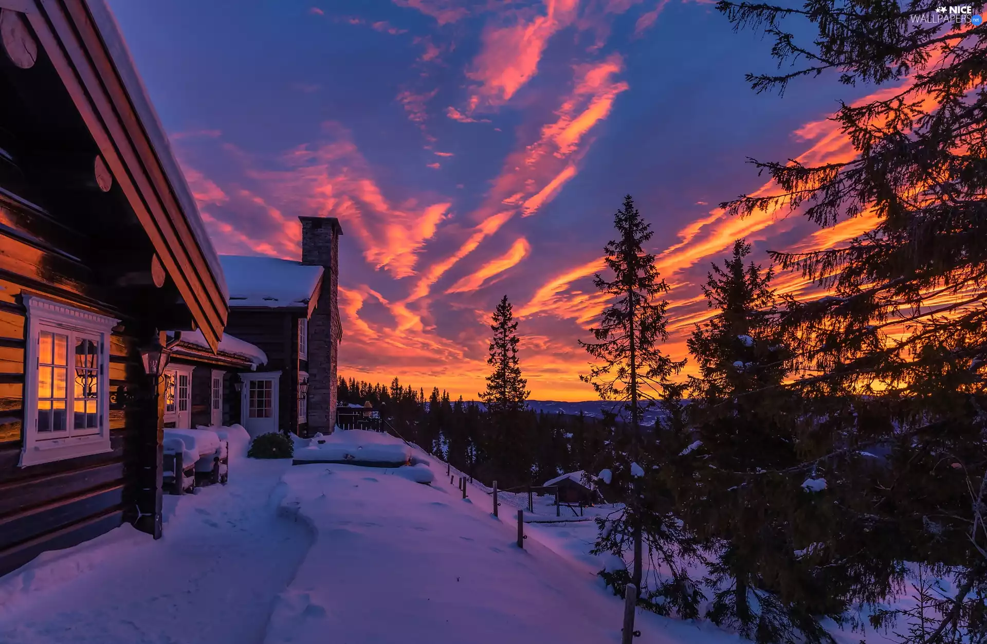 viewes, house, Great Sunsets, winter, Mountains, trees