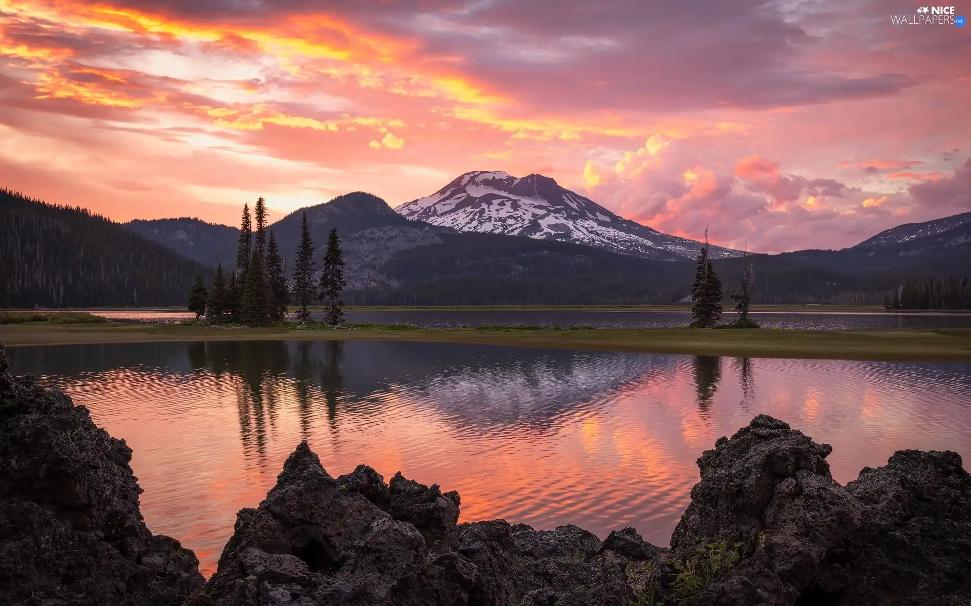 trees, Mountains, Great Sunsets, clouds, viewes, lake