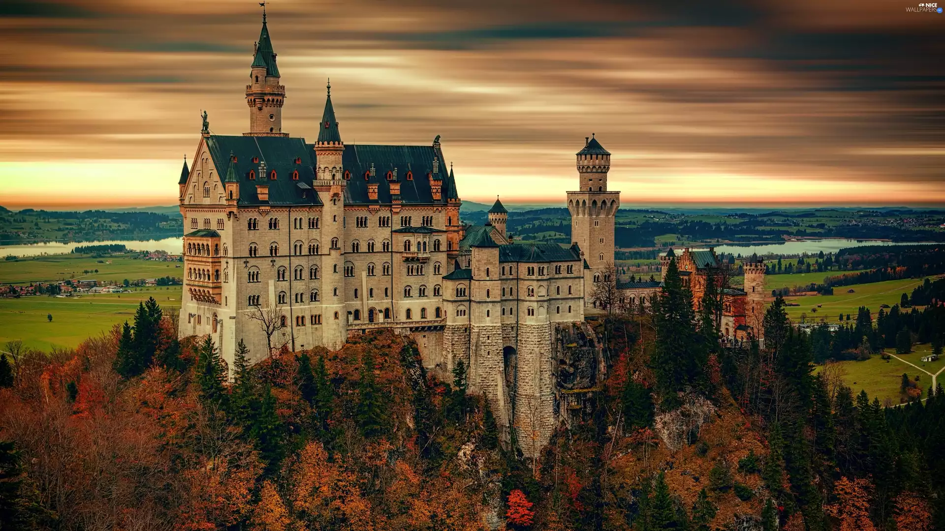 Bavaria, Germany, Neuschwanstein Castle, forest, Great Sunsets, Hill, viewes, autumn, trees