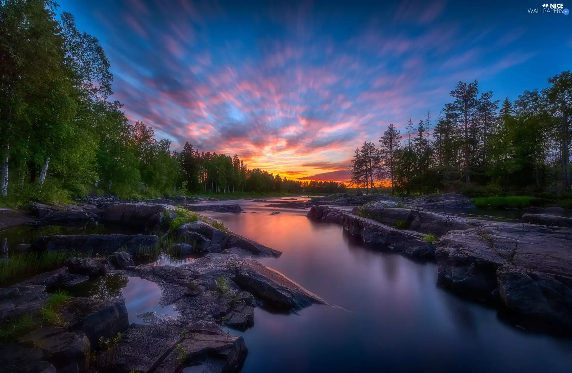 Koiteli Area, Finland, clouds, forest, Great Sunsets, Kiiminki, Kiiminkijoki River, rocks