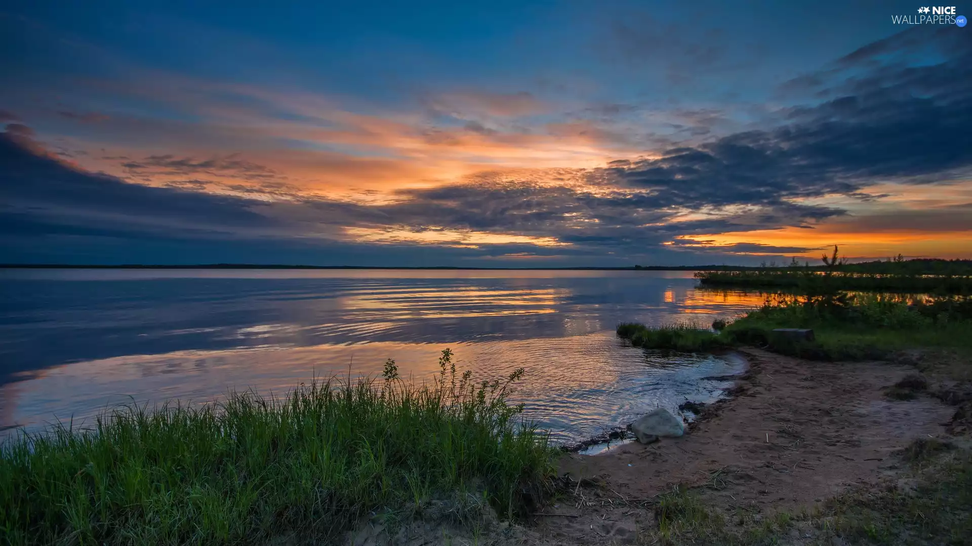 coast, grass, Great Sunsets, clouds, lake