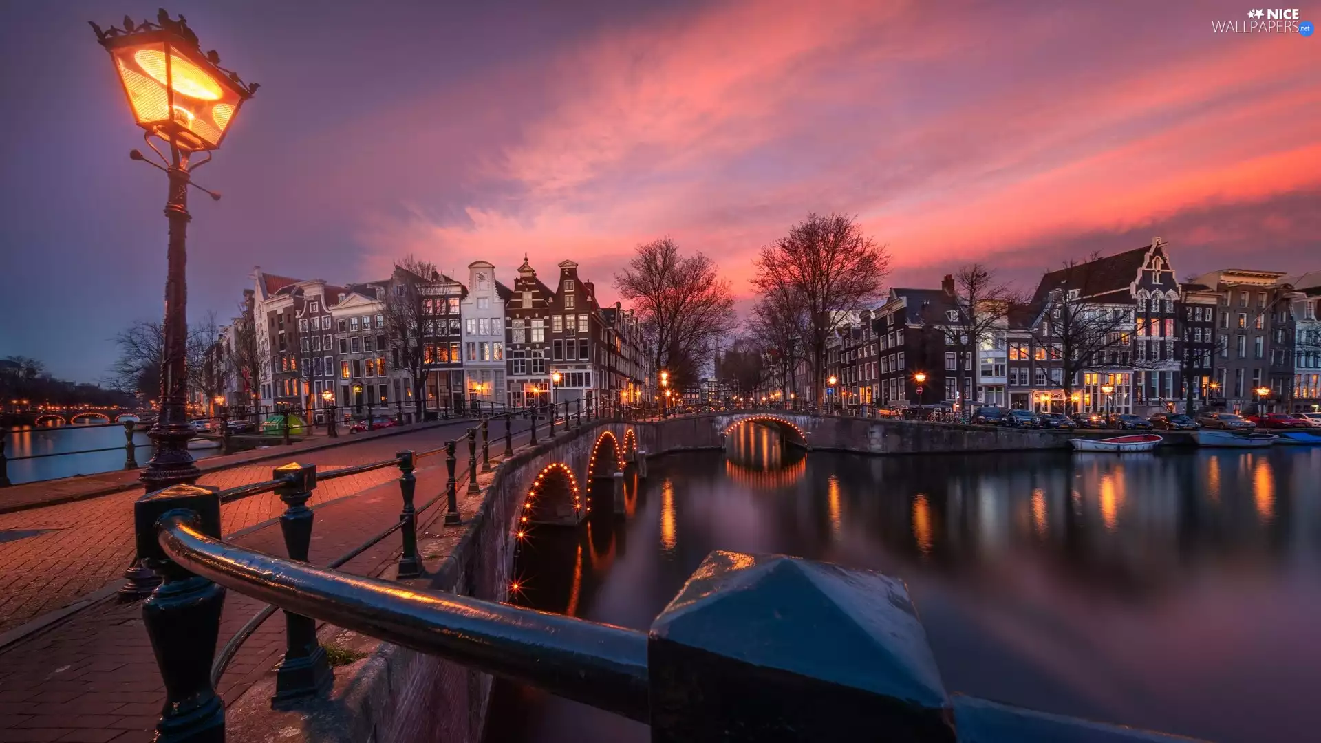 canal, Amsterdam, light, bridge, Netherlands, Houses, Great Sunsets