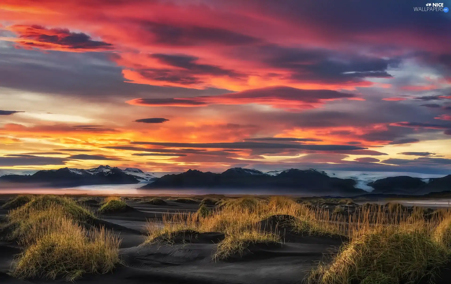 Great Sunsets, Mountains, grass, sea