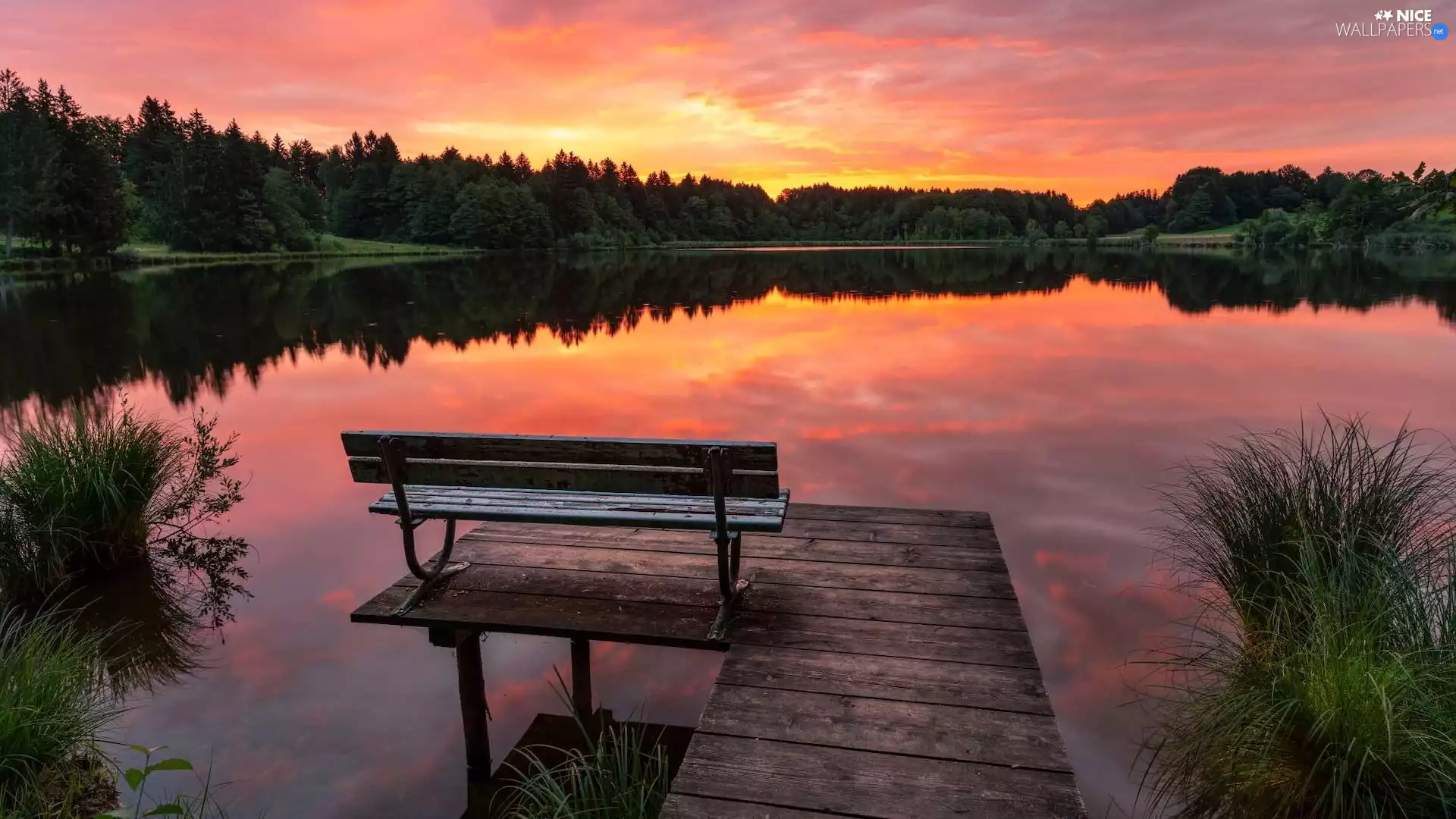 Great Sunsets, Platform, Bench, lake