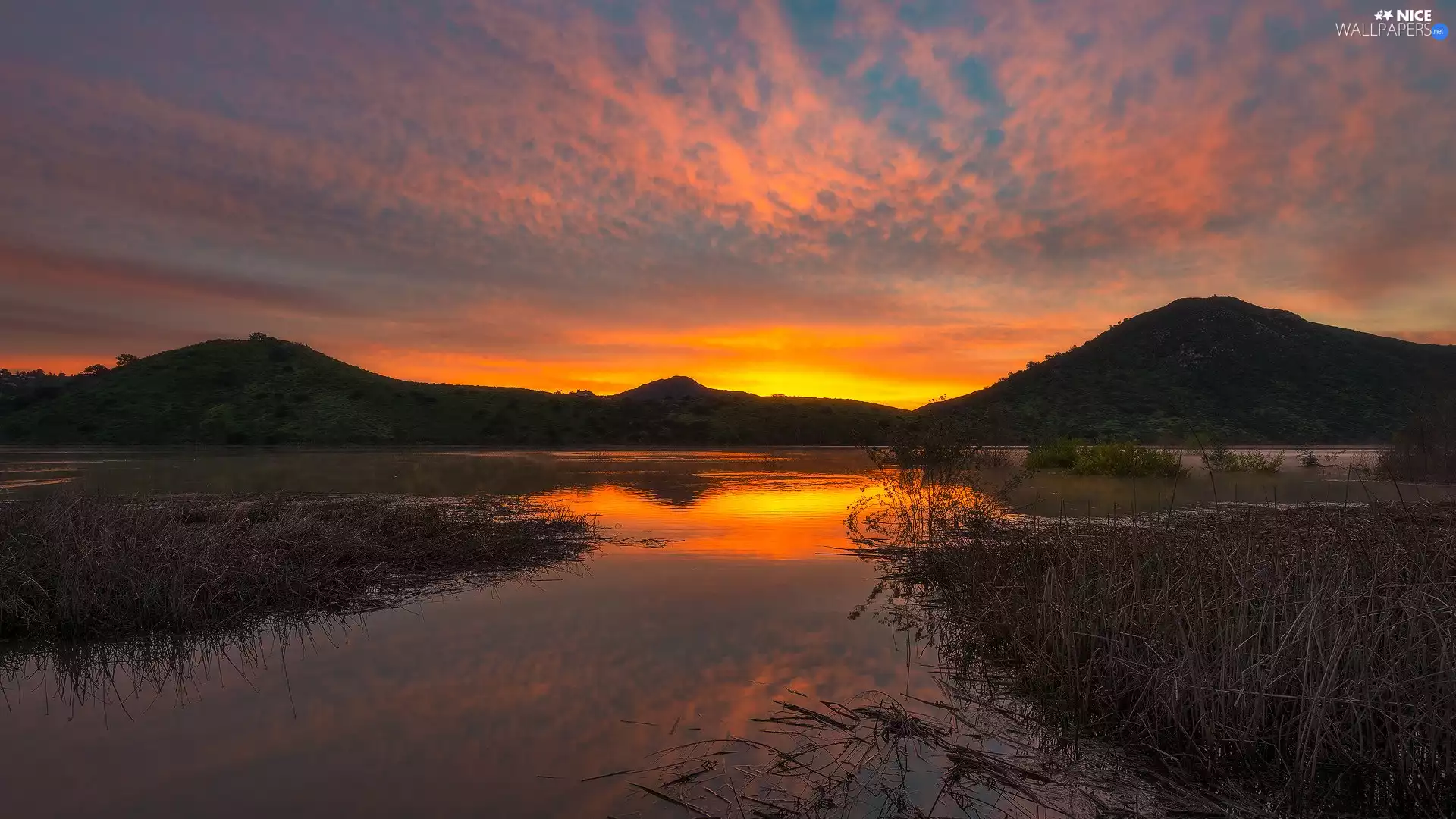 Great Sunsets, River, rushes, Mountains