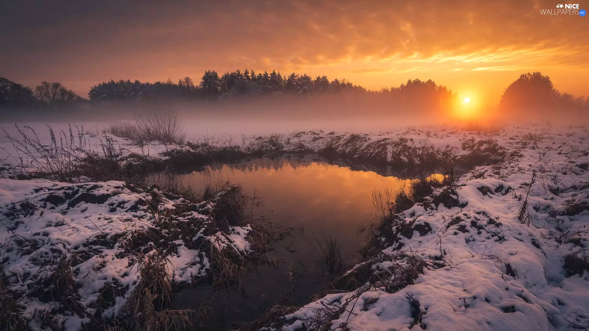 Great Sunsets, River, snow, winter