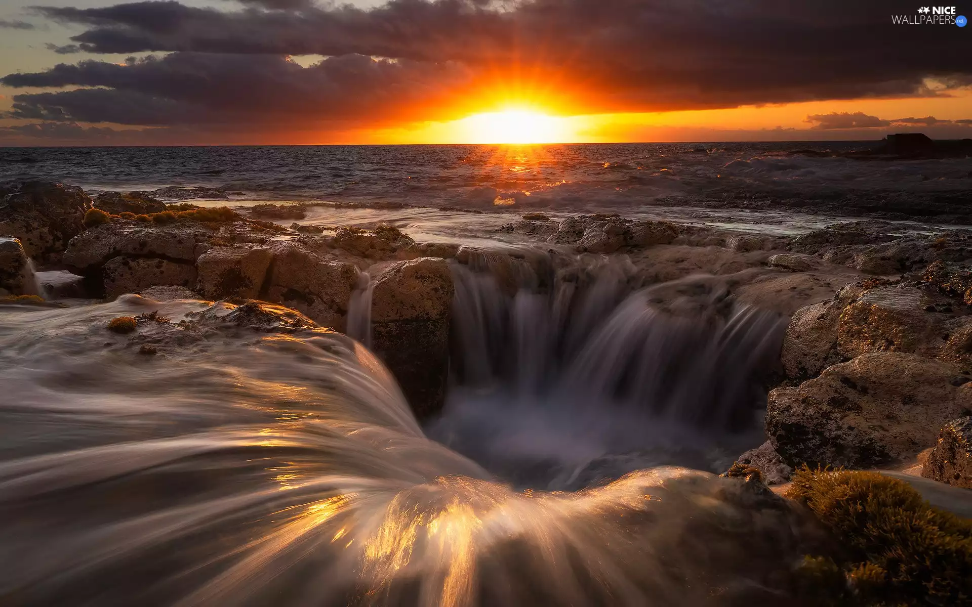 Great Sunsets, rocks, funnel, sea