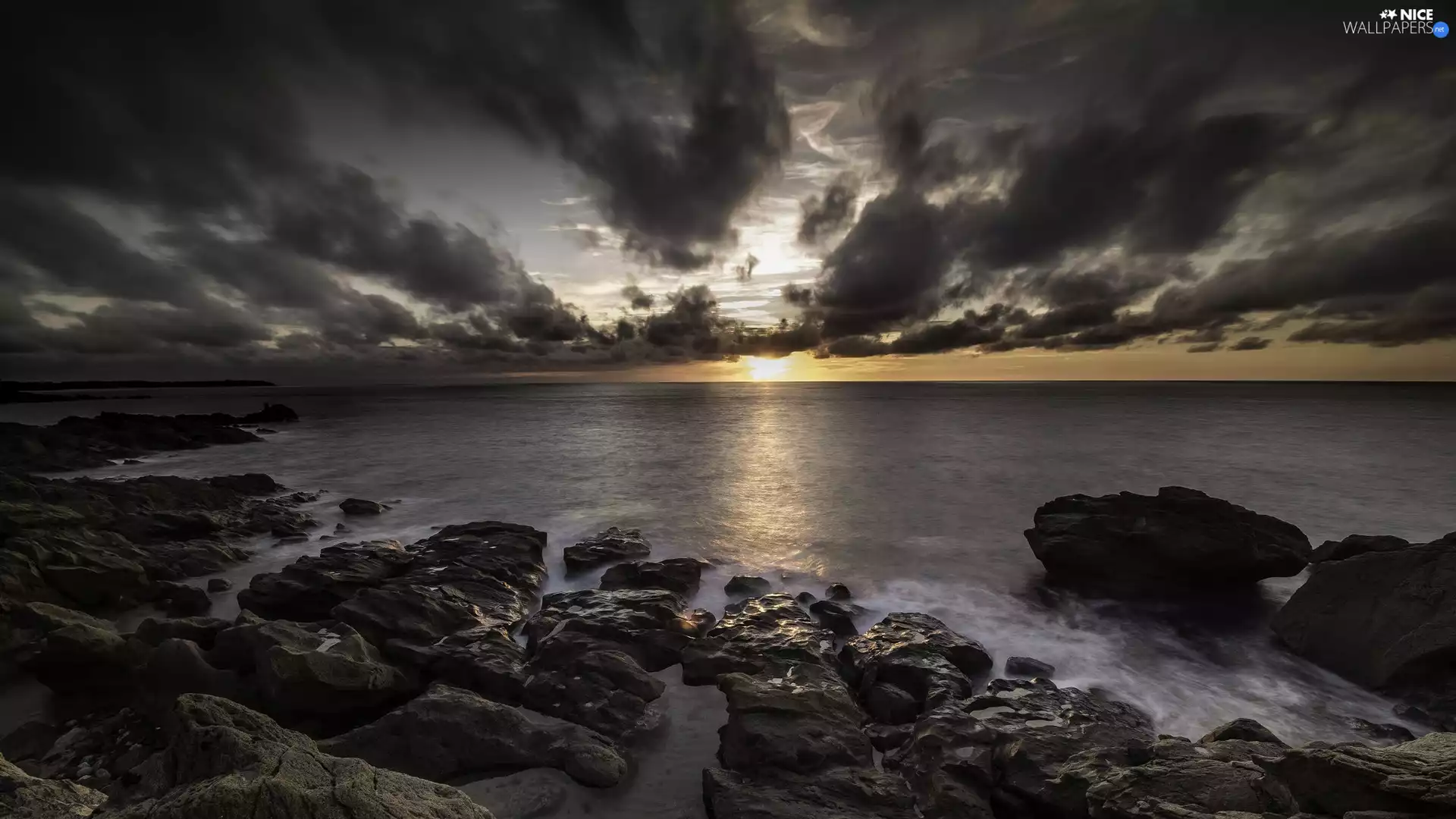 dark, clouds, Great Sunsets, Stones, sea