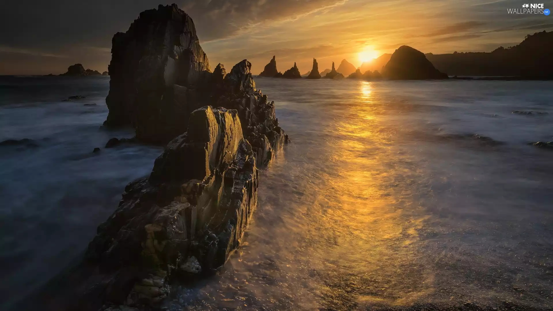 rocks, clouds, Great Sunsets, Coast, sea
