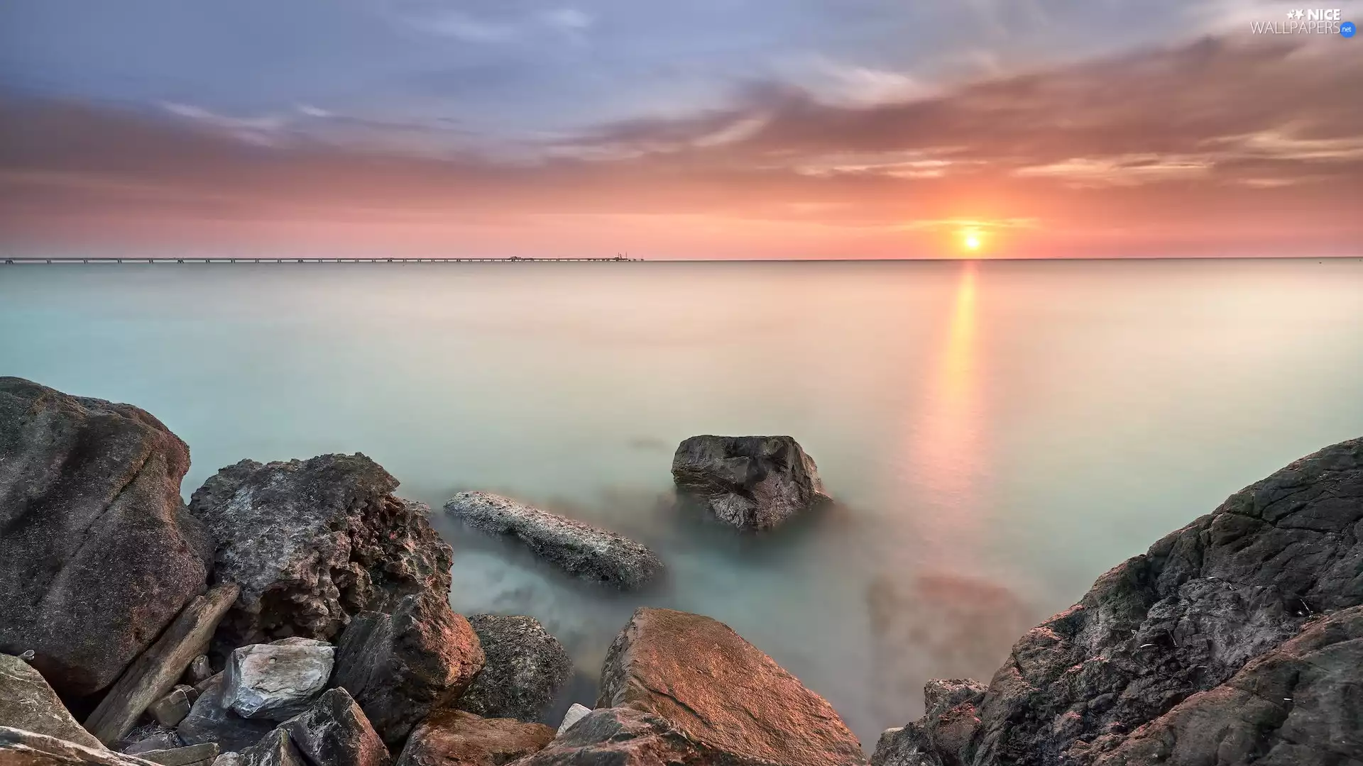Stones, pier, Great Sunsets, rocks, sea